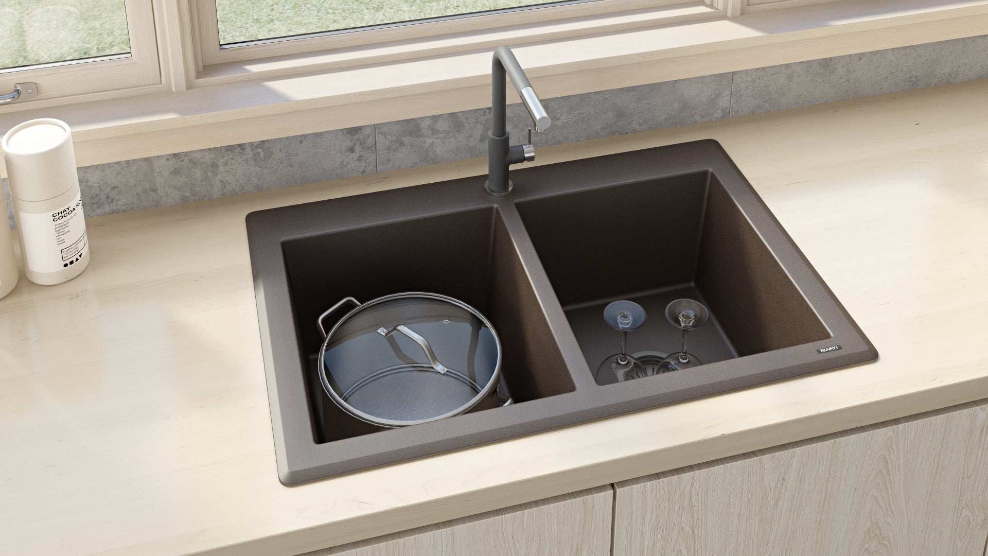 Ruvati 33 x 22" epiGranite Granite Composite Dual-Mount Double Bowl Kitchen Sink