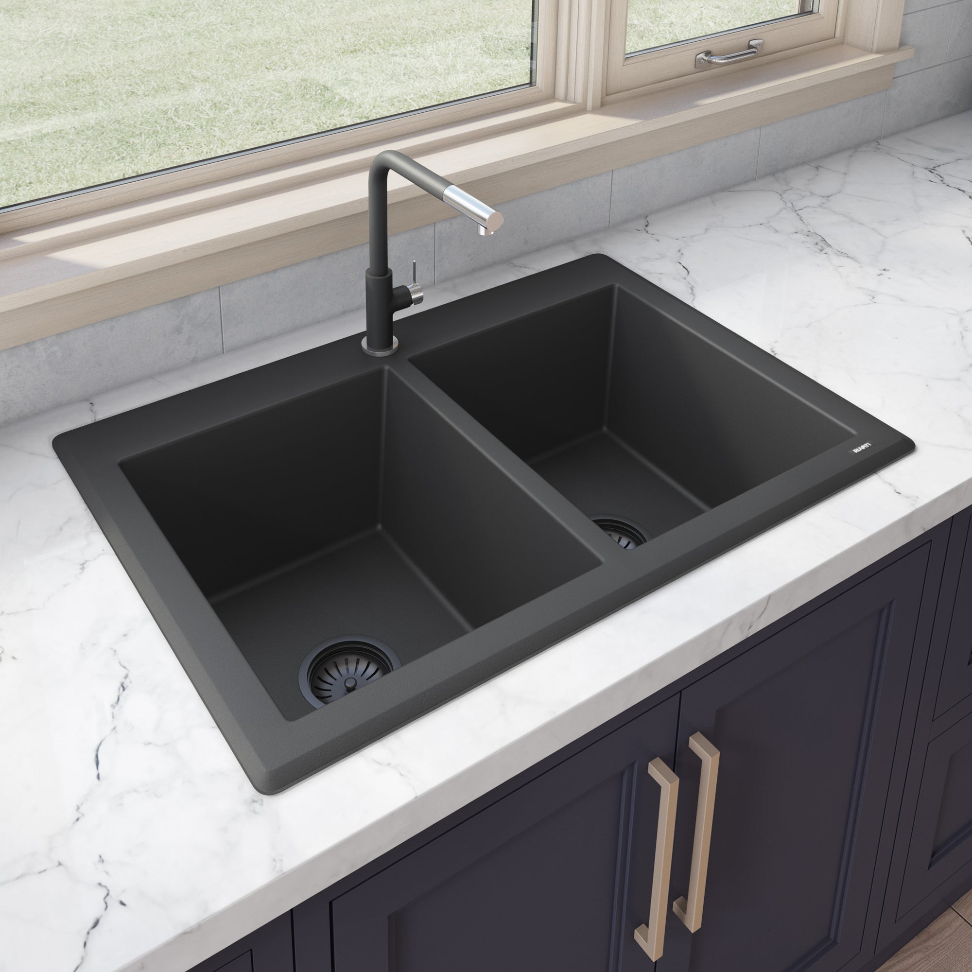Ruvati 33 x 22" epiGranite Granite Composite Dual-Mount Double Bowl Kitchen Sink
