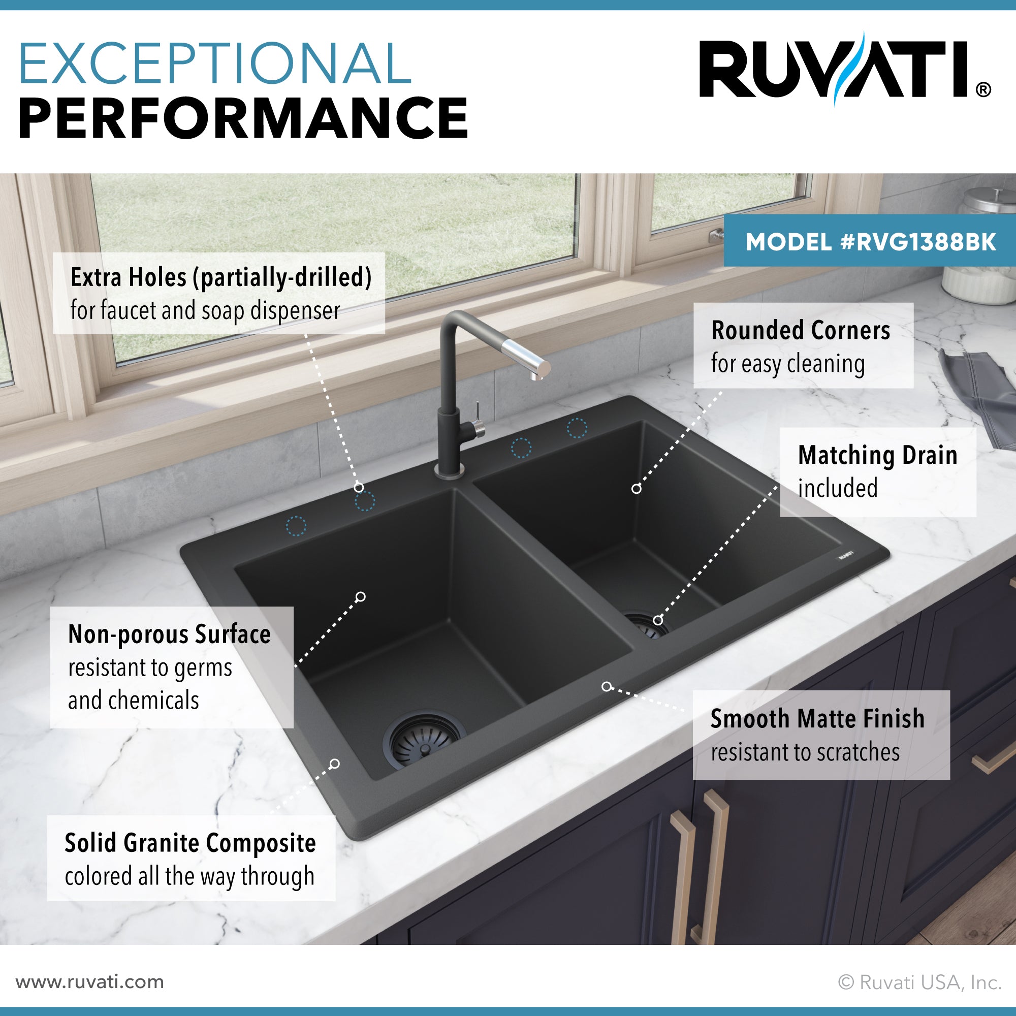 Ruvati 33 x 22" epiGranite Granite Composite Dual-Mount Double Bowl Kitchen Sink