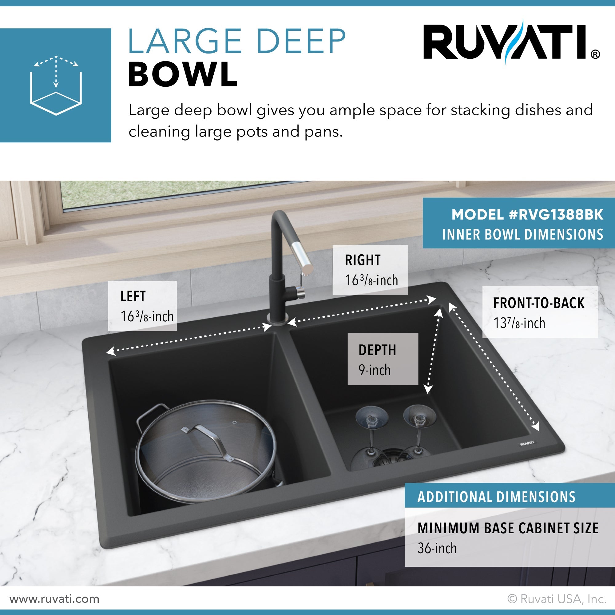 Ruvati 33 x 22" epiGranite Granite Composite Dual-Mount Double Bowl Kitchen Sink