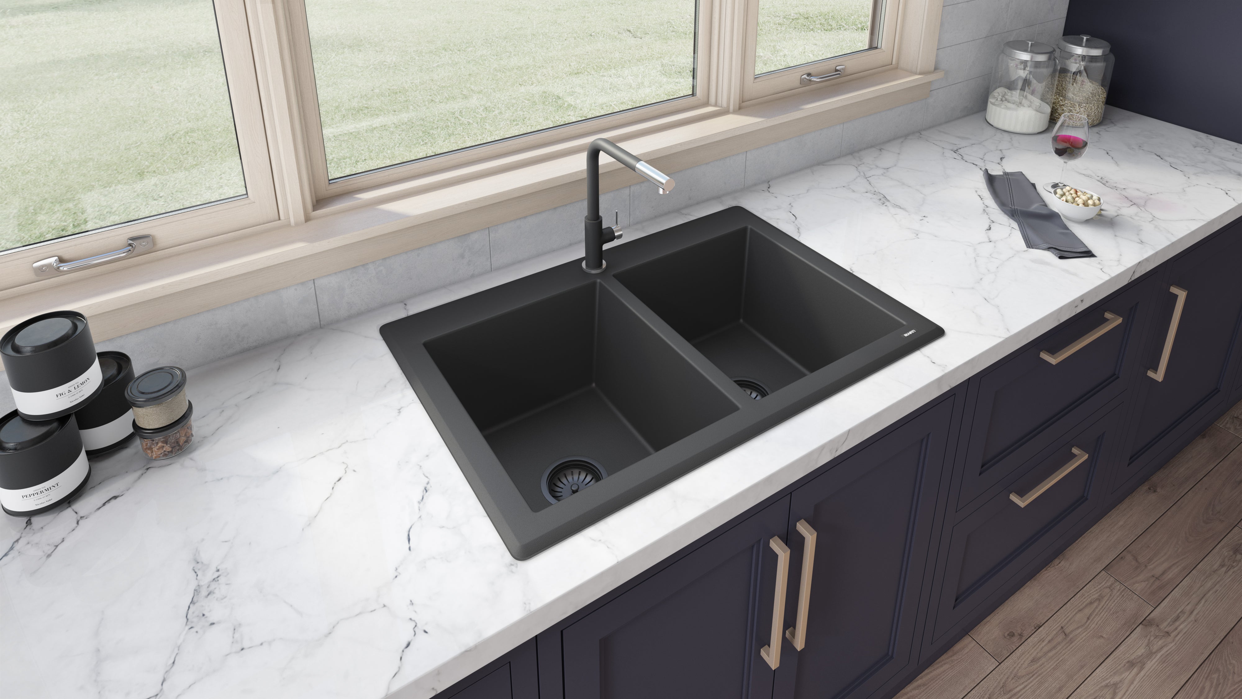 Ruvati 33 x 22" epiGranite Granite Composite Dual-Mount Double Bowl Kitchen Sink
