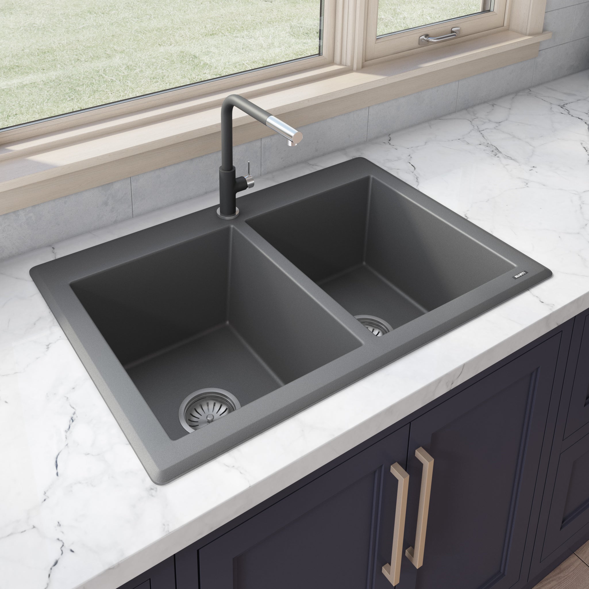 Ruvati 33 x 22" epiGranite Granite Composite Dual-Mount Double Bowl Kitchen Sink