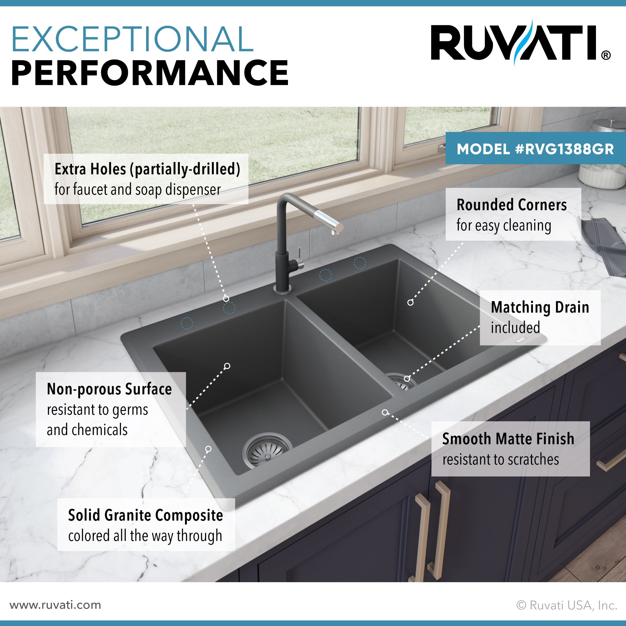 Ruvati 33 x 22" epiGranite Granite Composite Dual-Mount Double Bowl Kitchen Sink
