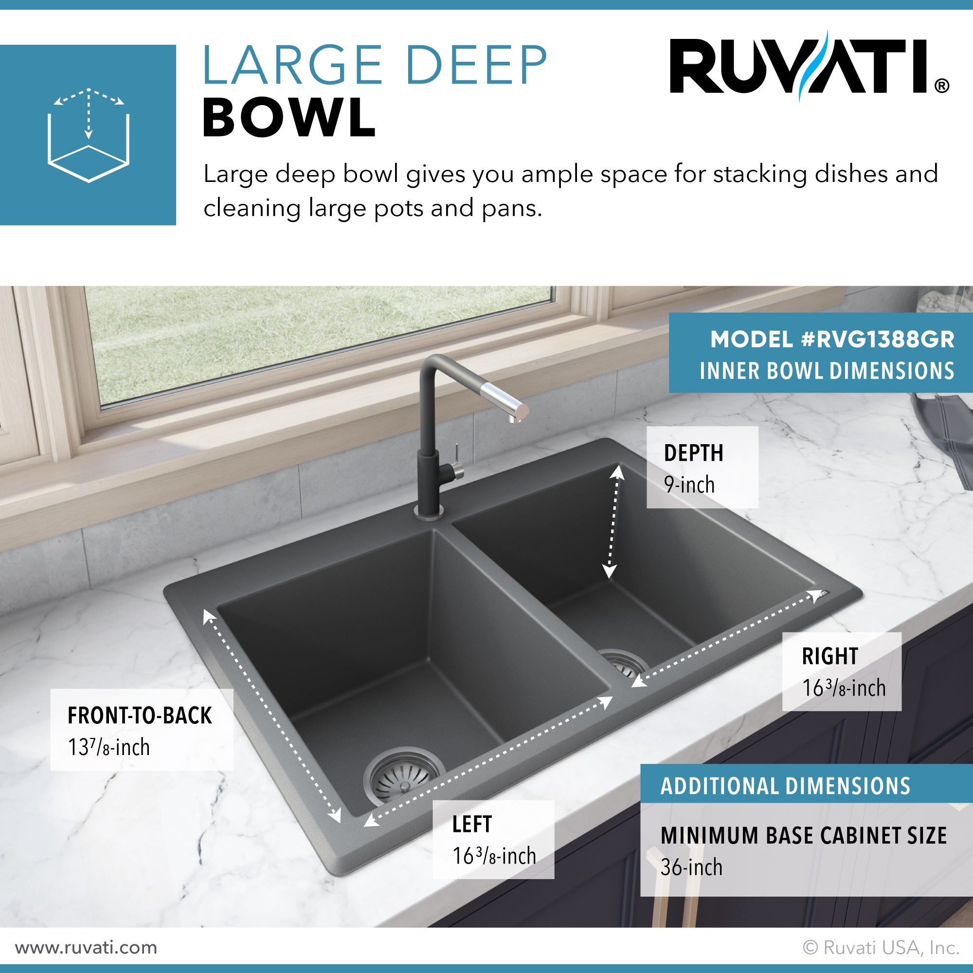 Ruvati 33 x 22" epiGranite Granite Composite Dual-Mount Double Bowl Kitchen Sink