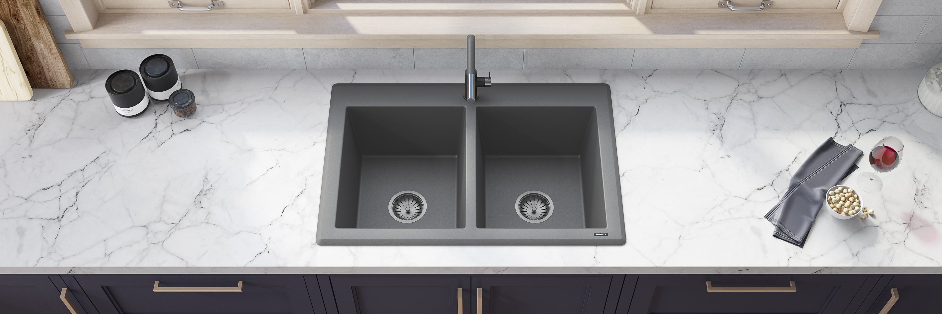 Ruvati 33 x 22" epiGranite Granite Composite Dual-Mount Double Bowl Kitchen Sink