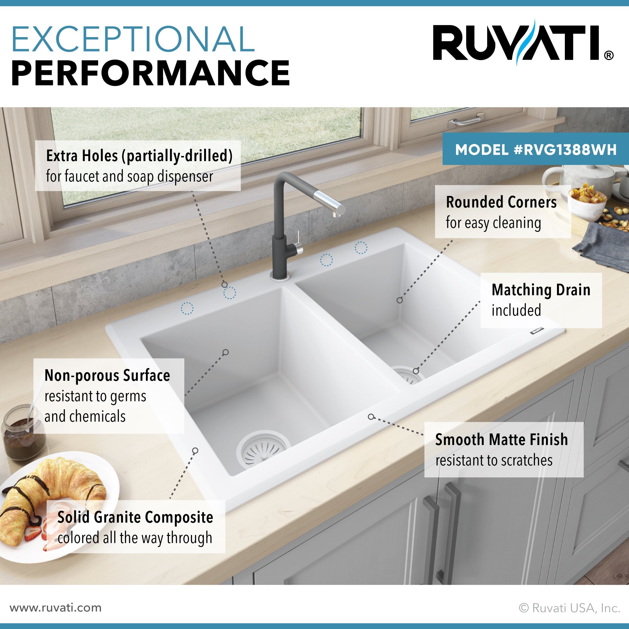 Ruvati 33 x 22" epiGranite Granite Composite Dual-Mount Double Bowl Kitchen Sink