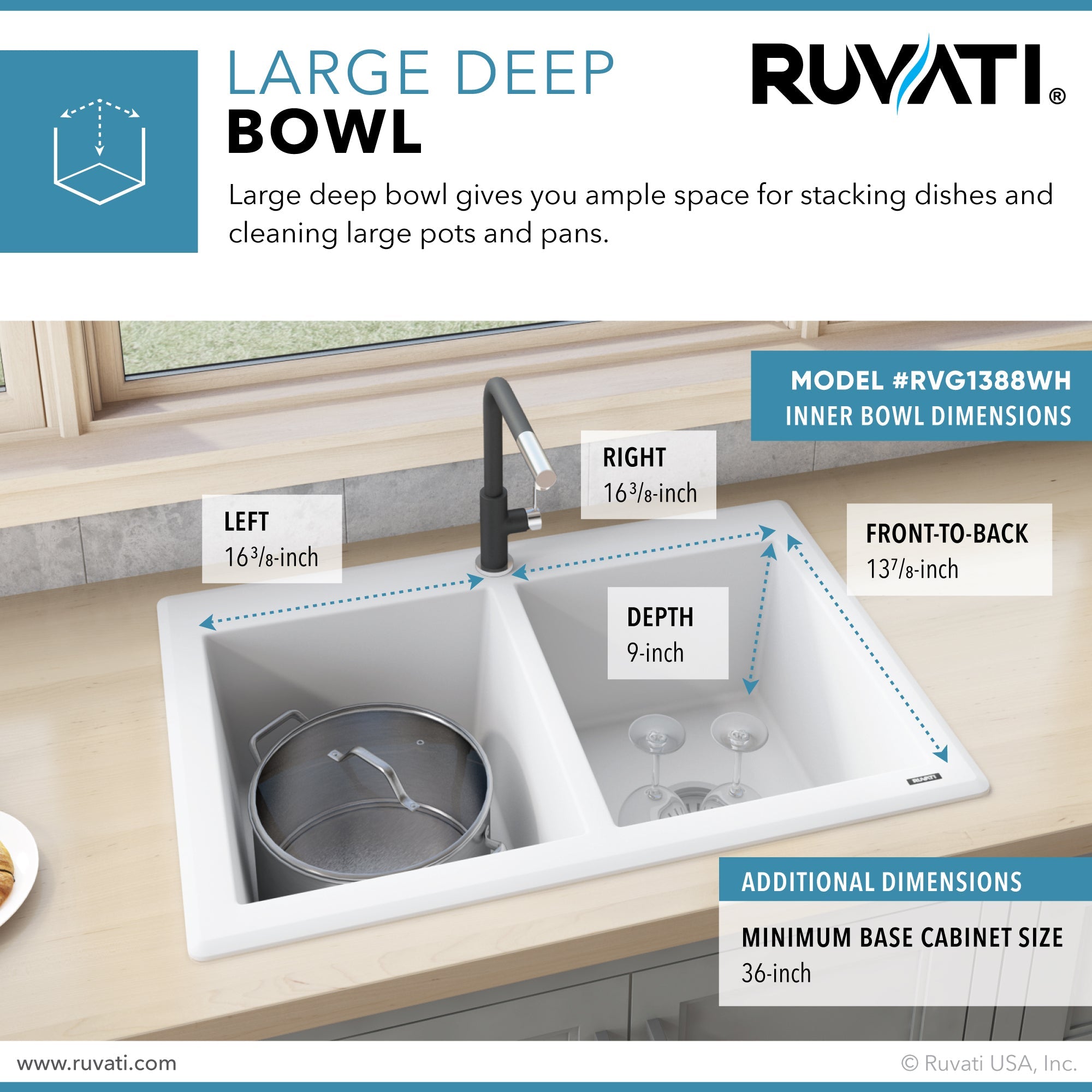 Ruvati 33 x 22" epiGranite Granite Composite Dual-Mount Double Bowl Kitchen Sink