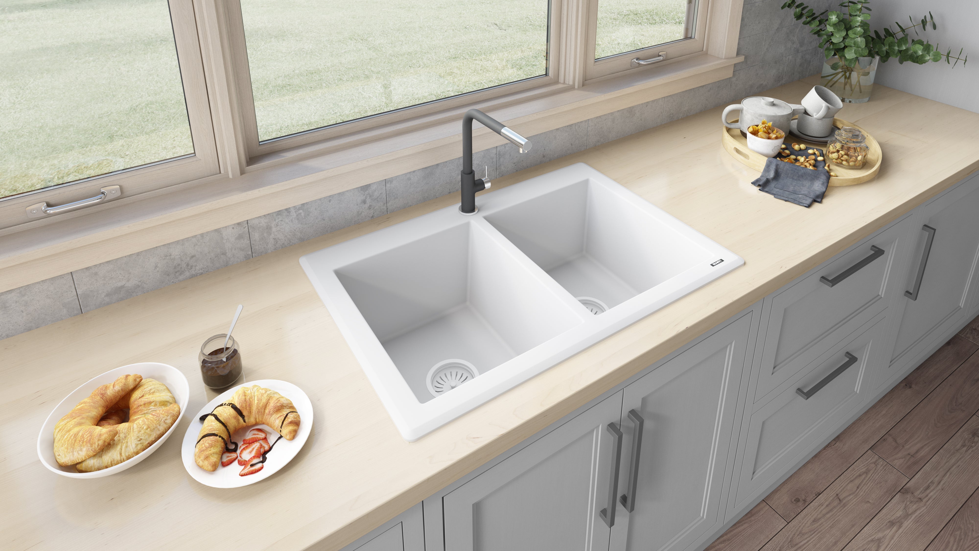 Ruvati 33 x 22" epiGranite Granite Composite Dual-Mount Double Bowl Kitchen Sink