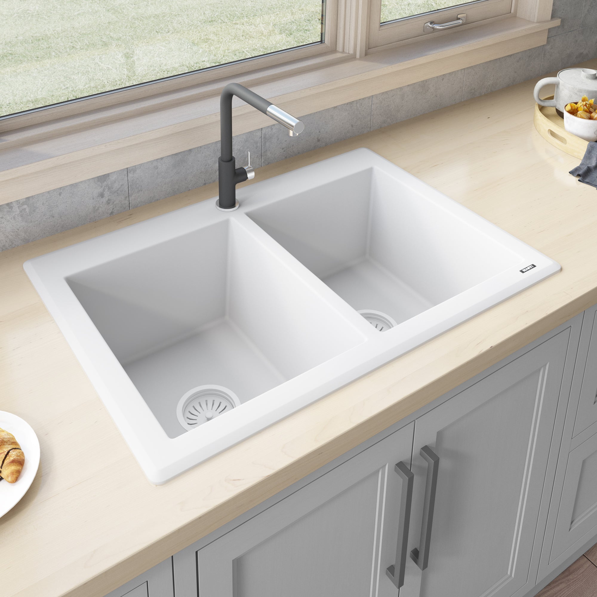 Ruvati 33 x 22" epiGranite Granite Composite Dual-Mount Double Bowl Kitchen Sink