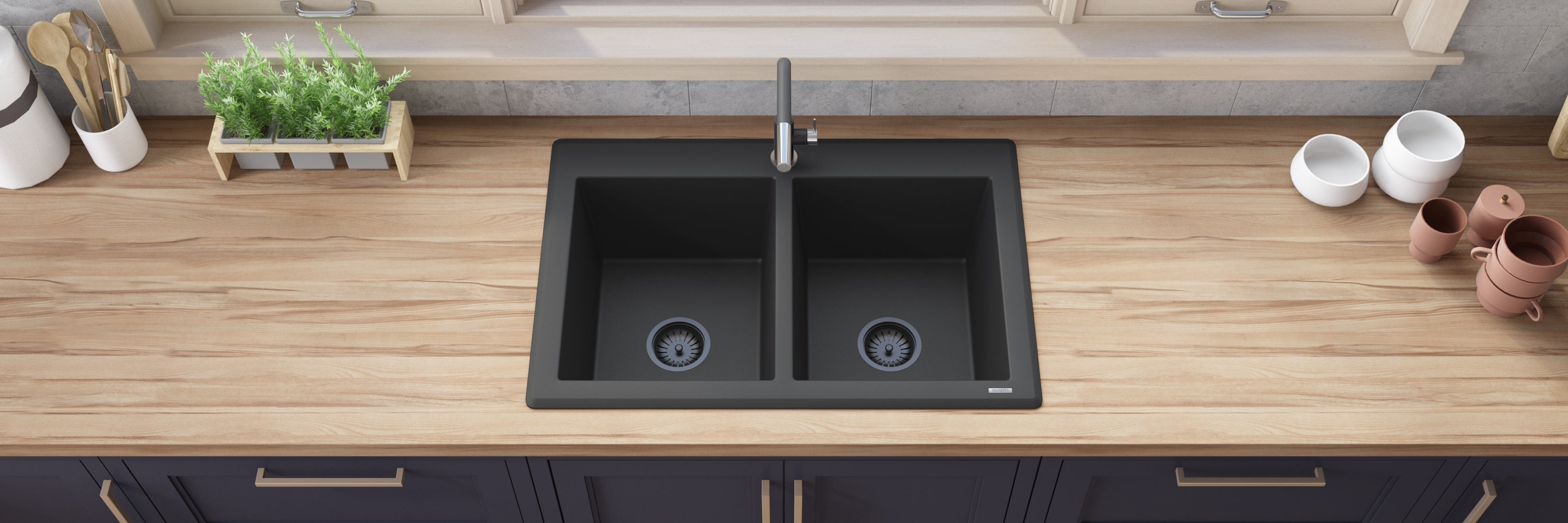 Ruvati 33 x 22" epiGranite Granite Composite Dual-Mount Double Bowl Kitchen Sink