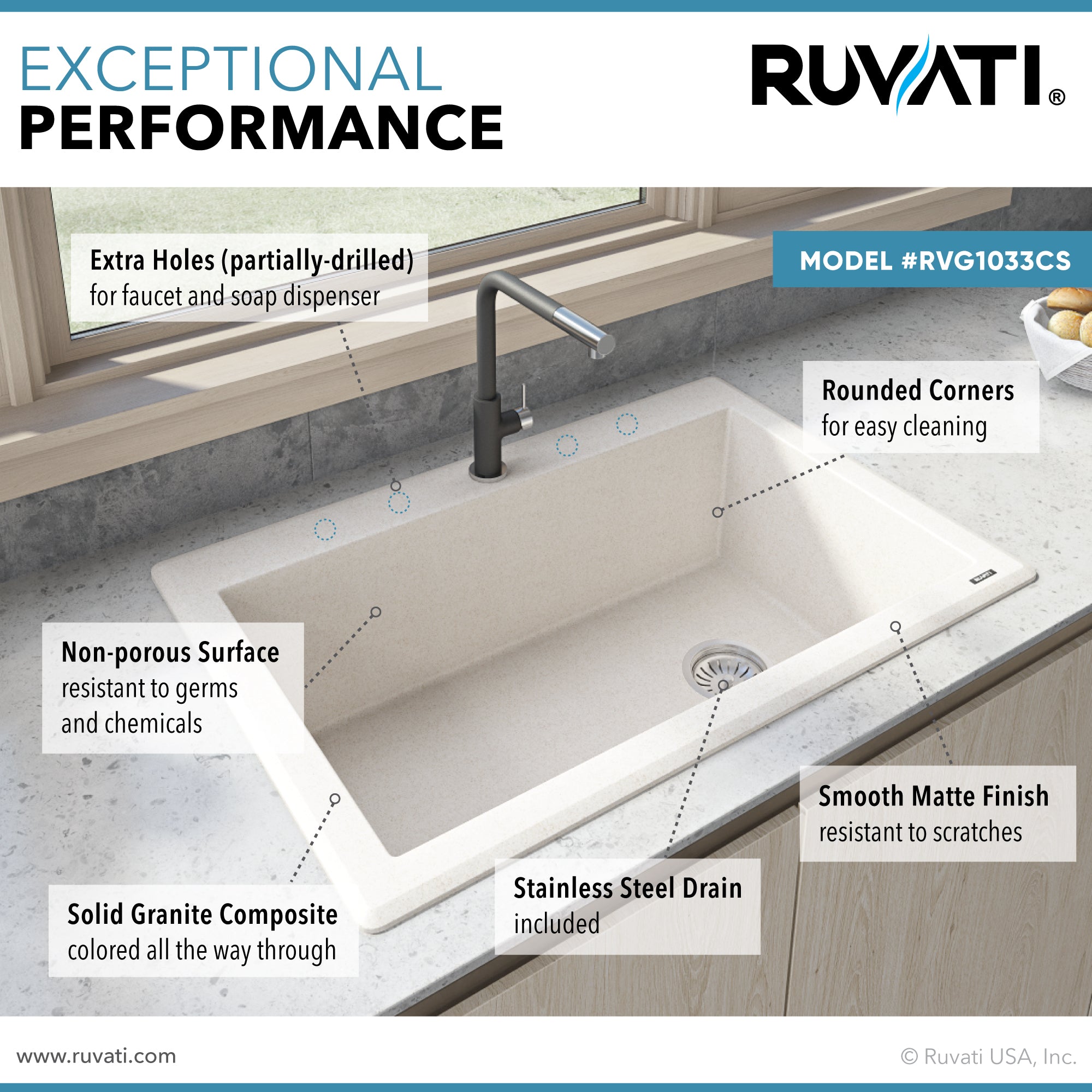 Ruvati 33 x 22" epiGranite Top Mount Granite Composite Single Bowl Kitchen Sink