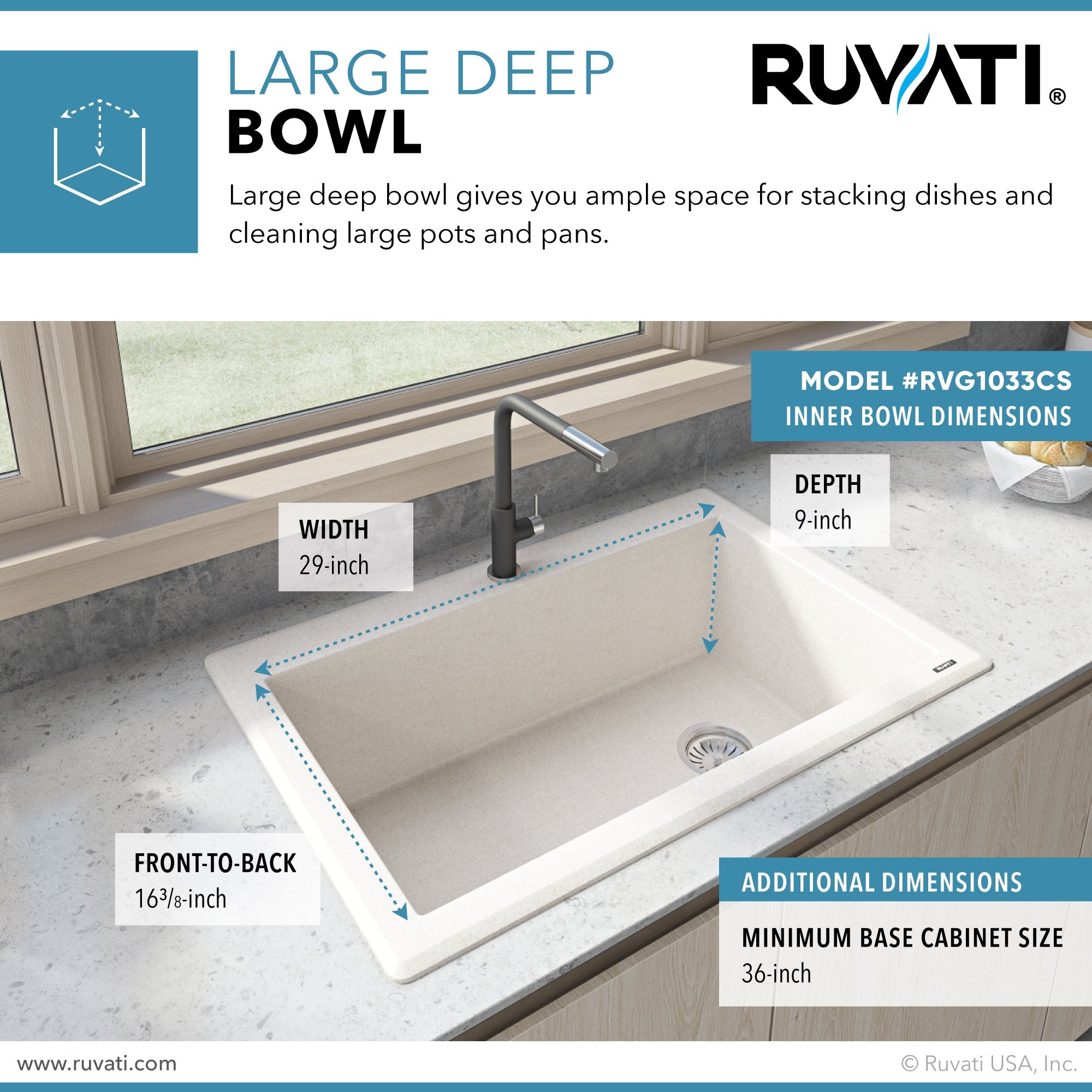 Ruvati 33 x 22" epiGranite Top Mount Granite Composite Single Bowl Kitchen Sink