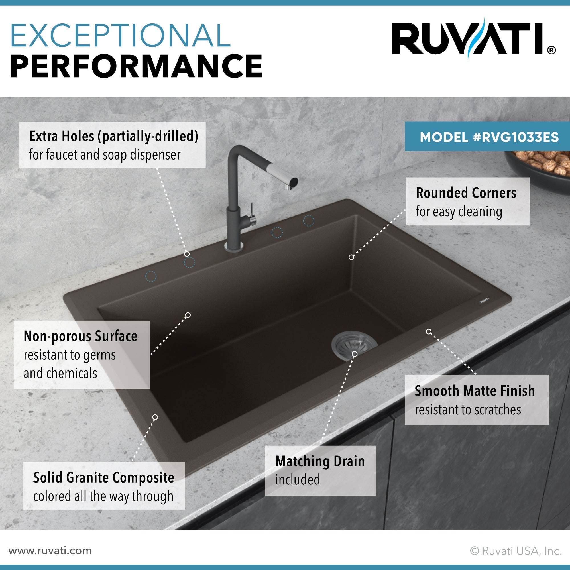 Ruvati 33 x 22" epiGranite Top Mount Granite Composite Single Bowl Kitchen Sink