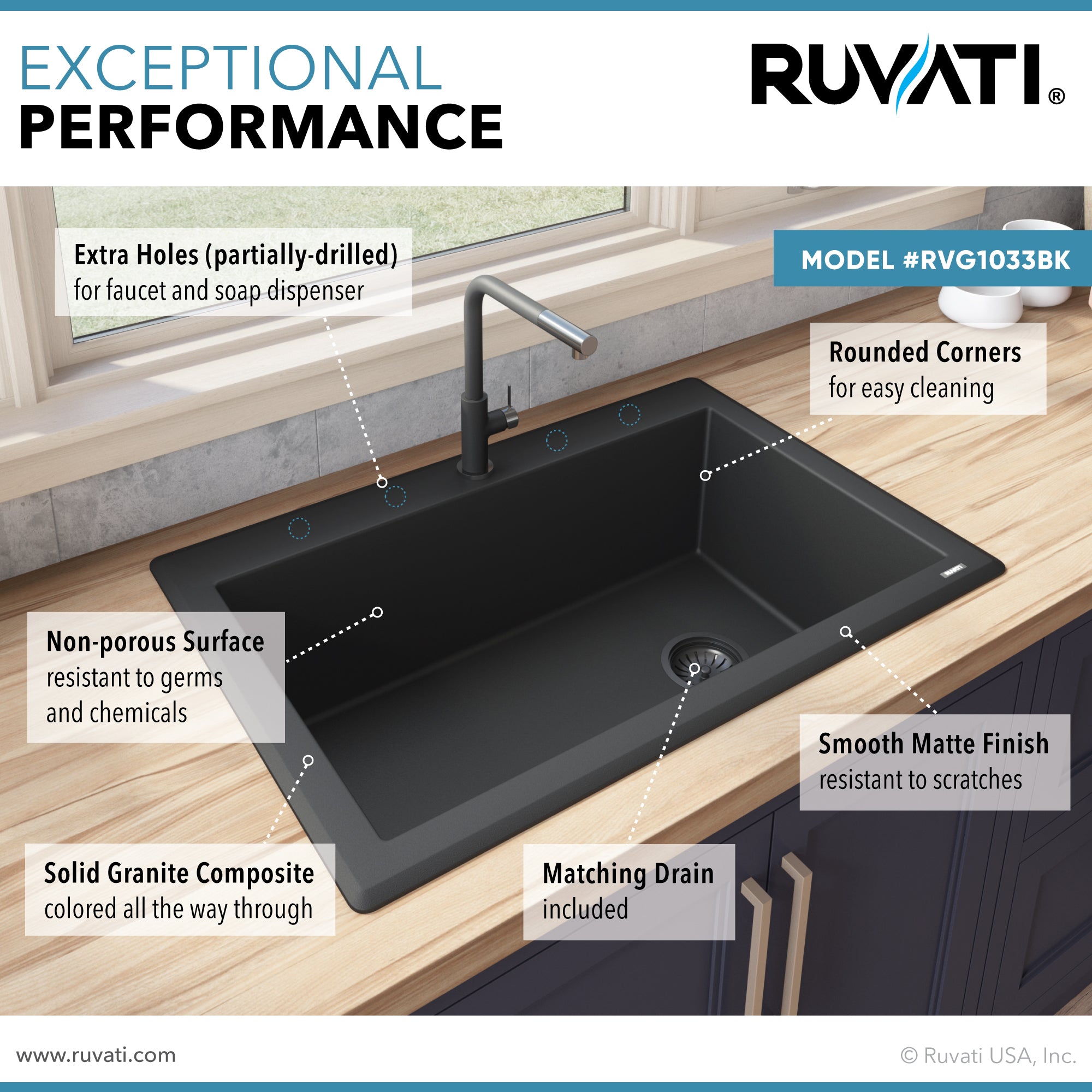 Ruvati 33 x 22" epiGranite Top Mount Granite Composite Single Bowl Kitchen Sink