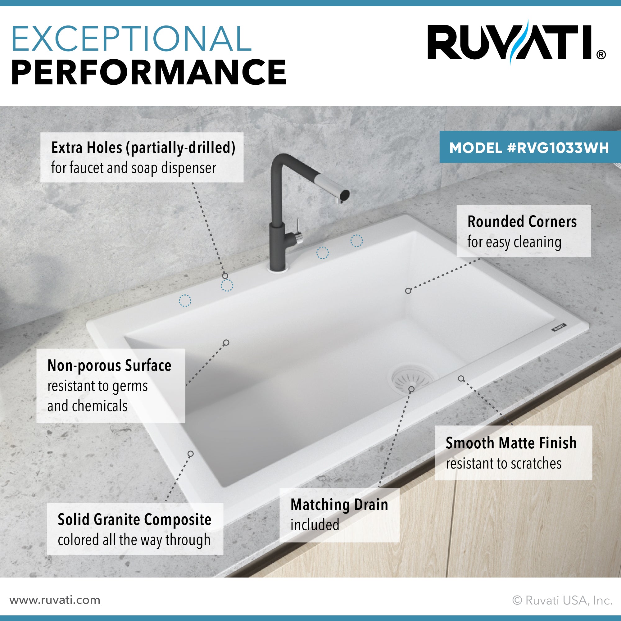 Ruvati 33 x 22" epiGranite Top Mount Granite Composite Single Bowl Kitchen Sink