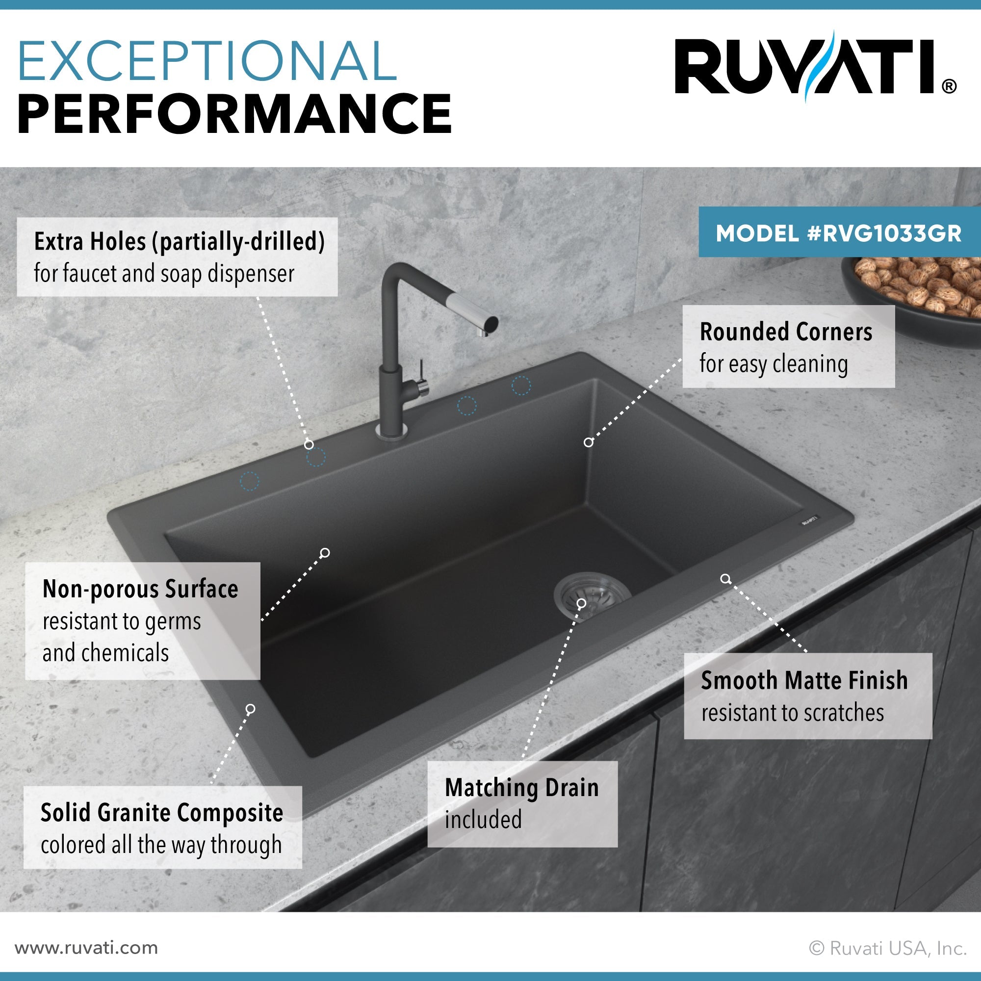 Ruvati 33 x 22" epiGranite Top Mount Granite Composite Single Bowl Kitchen Sink
