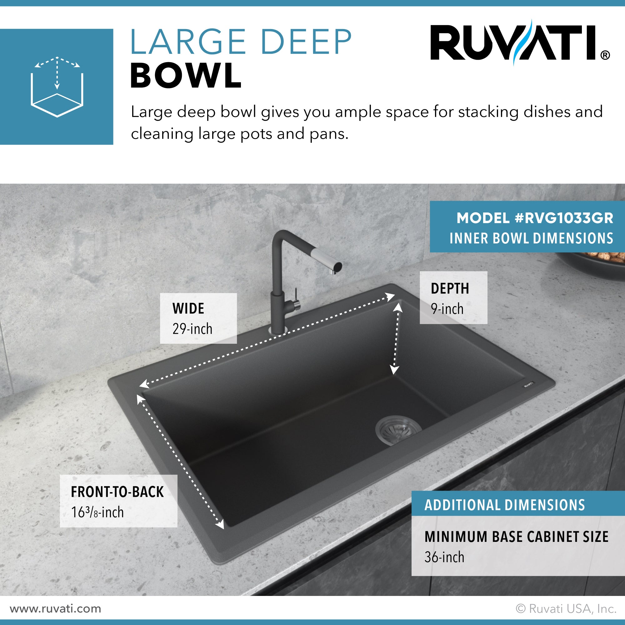 Ruvati 33 x 22" epiGranite Top Mount Granite Composite Single Bowl Kitchen Sink