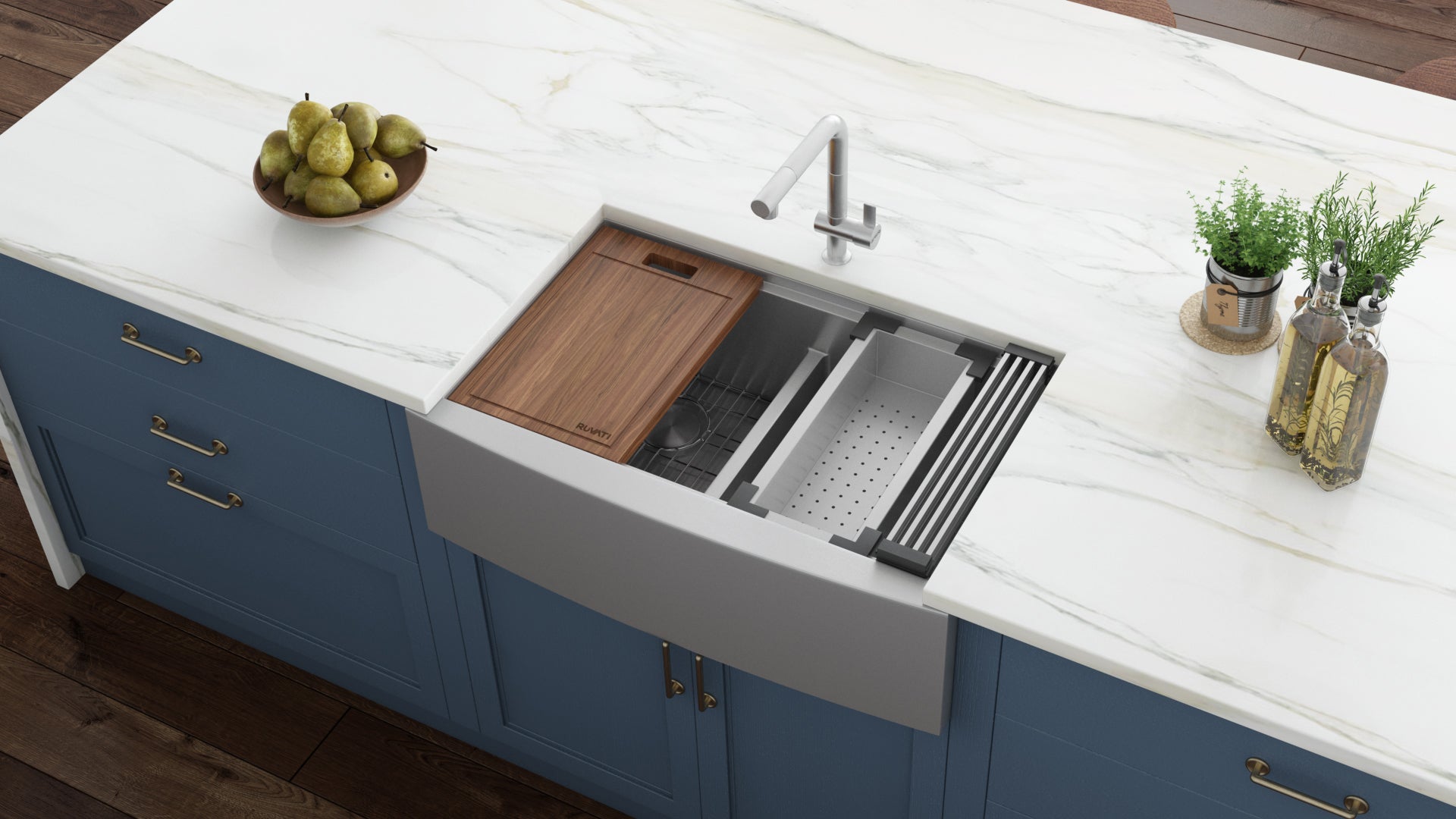 Ruvati 36" Apron-front Workstation Low-Divide Double Bowl 50/50 Farmhouse 16 Gauge Stainless Steel Kitchen Sink