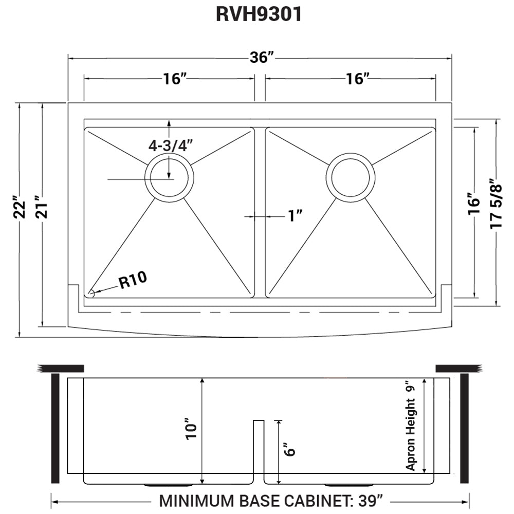 Ruvati 36" Apron-front Workstation Low-Divide Double Bowl 50/50 Farmhouse 16 Gauge Stainless Steel Kitchen Sink