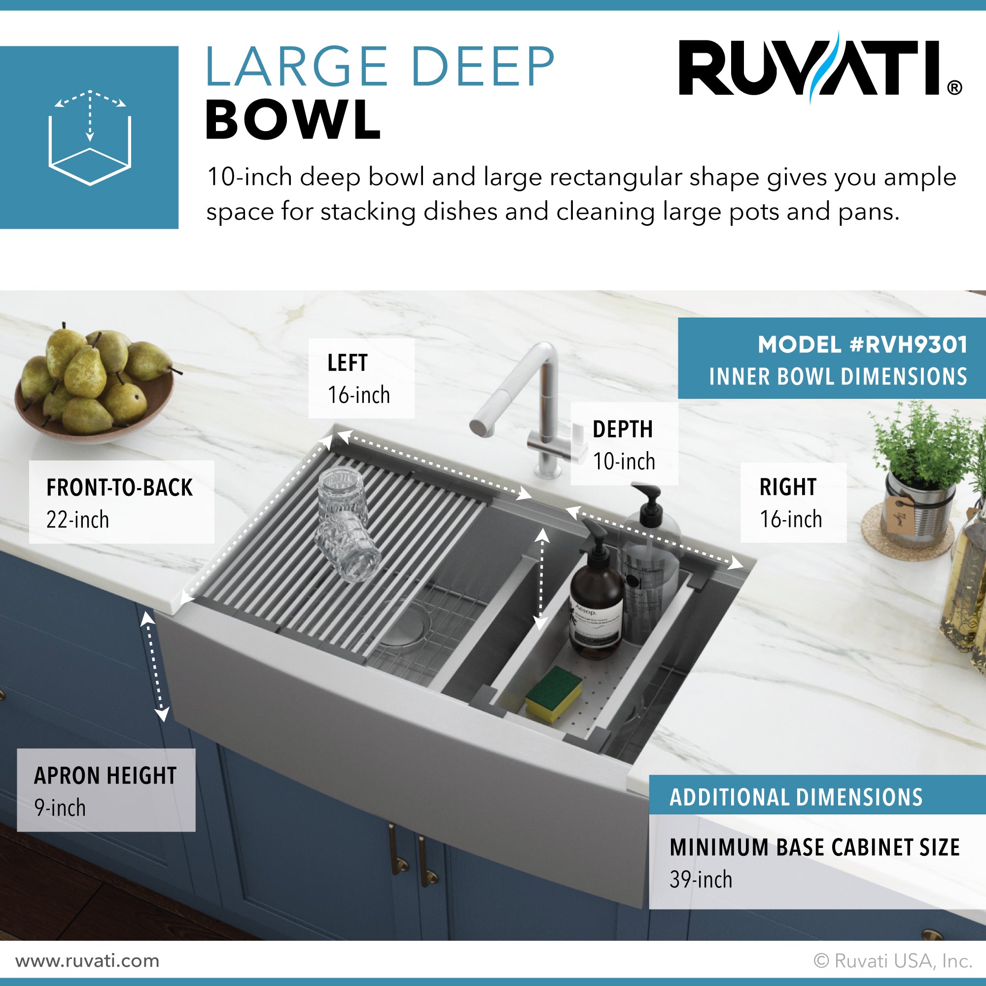Ruvati 36" Apron-front Workstation Low-Divide Double Bowl 50/50 Farmhouse 16 Gauge Stainless Steel Kitchen Sink
