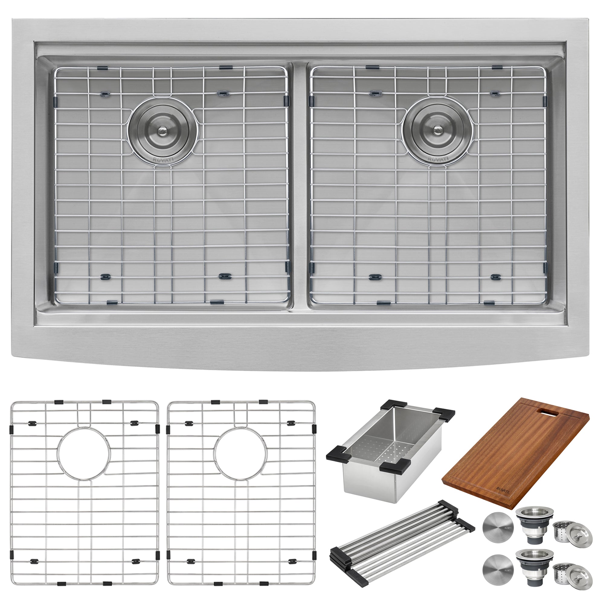 Ruvati 36" Apron-front Workstation Low-Divide Double Bowl 50/50 Farmhouse 16 Gauge Stainless Steel Kitchen Sink