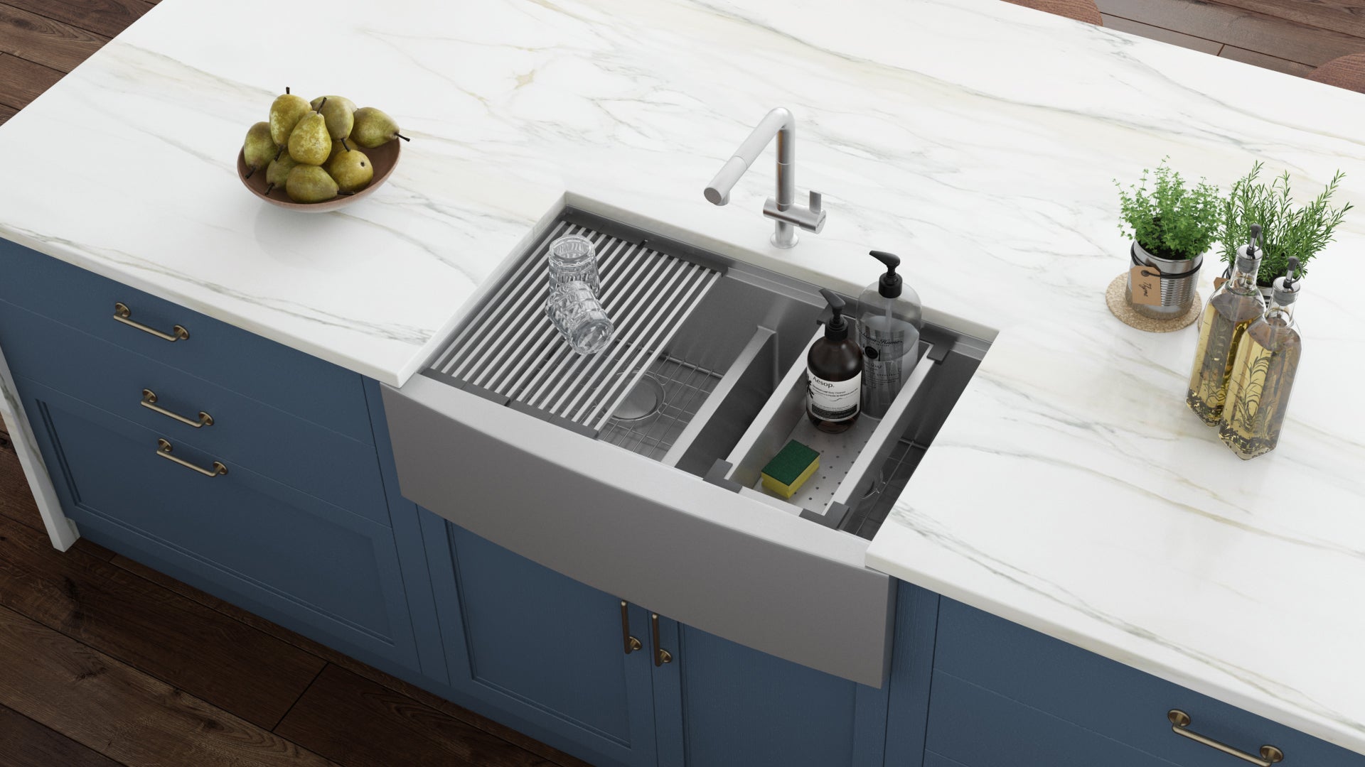 Ruvati 36" Apron-front Workstation Low-Divide Double Bowl 50/50 Farmhouse 16 Gauge Stainless Steel Kitchen Sink