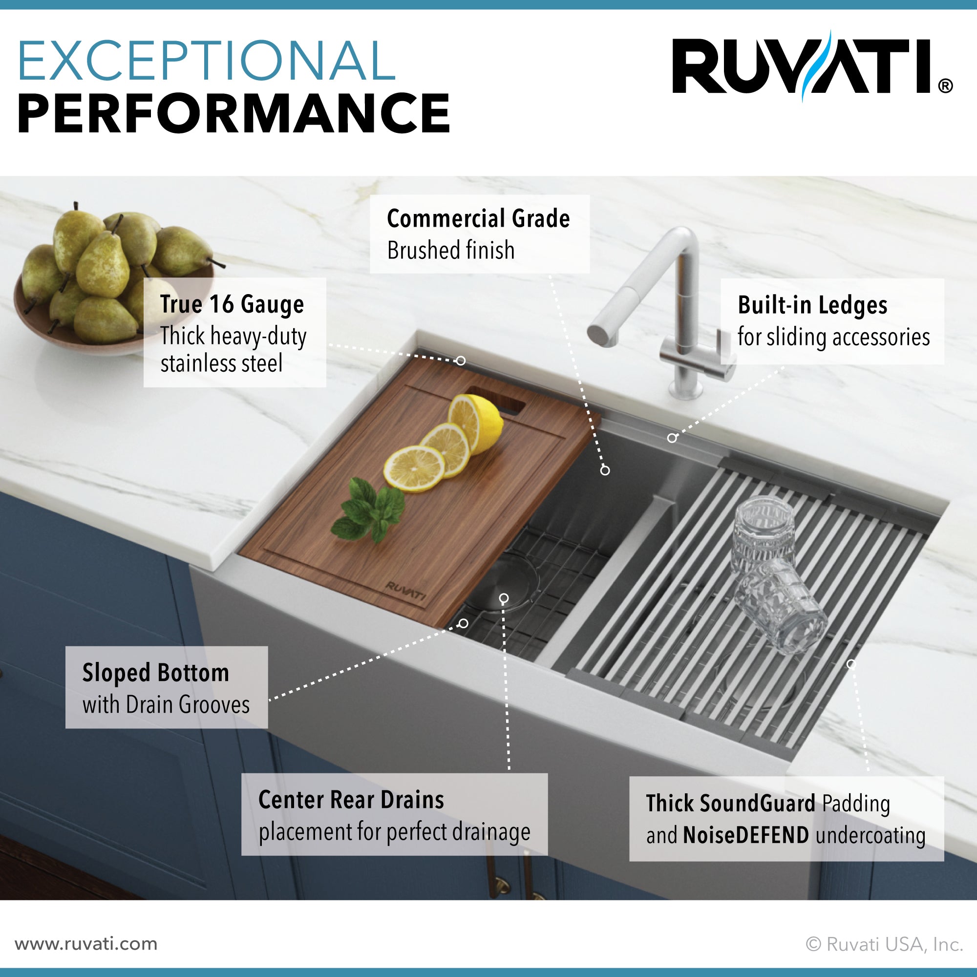 Ruvati 36" Apron-front Workstation Low-Divide Double Bowl 50/50 Farmhouse 16 Gauge Stainless Steel Kitchen Sink