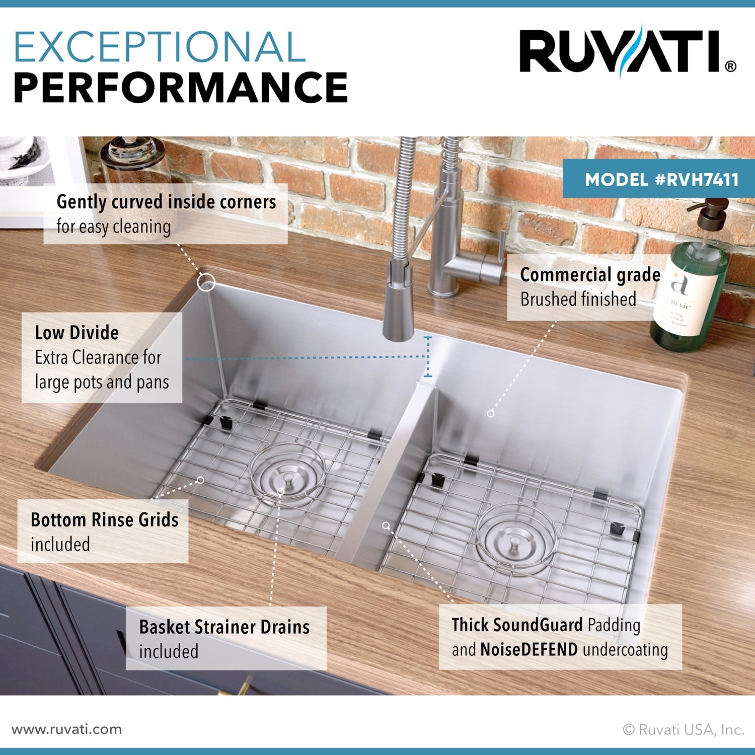 Ruvati Low-Divide Undermount Tight Radius 50/50 Double Bowl 16 Gauge Stainless Steel Kitchen Sink