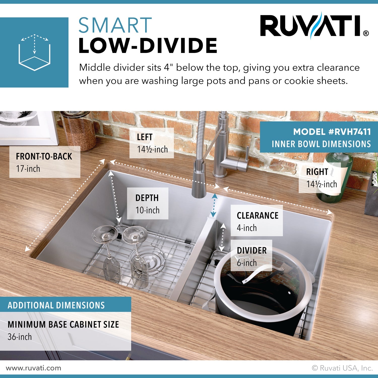 Ruvati Low-Divide Undermount Tight Radius 50/50 Double Bowl 16 Gauge Stainless Steel Kitchen Sink