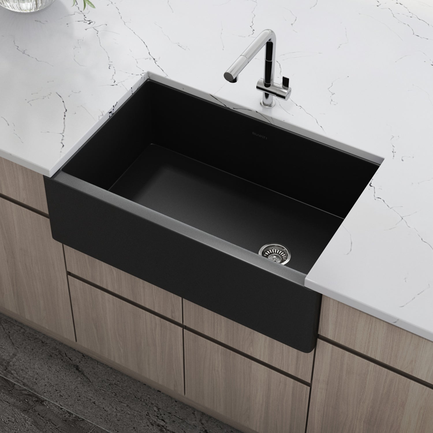 Ruvati Matte Black 30" Fireclay Farmhouse Offset Drain Single Bowl Kitchen Sink