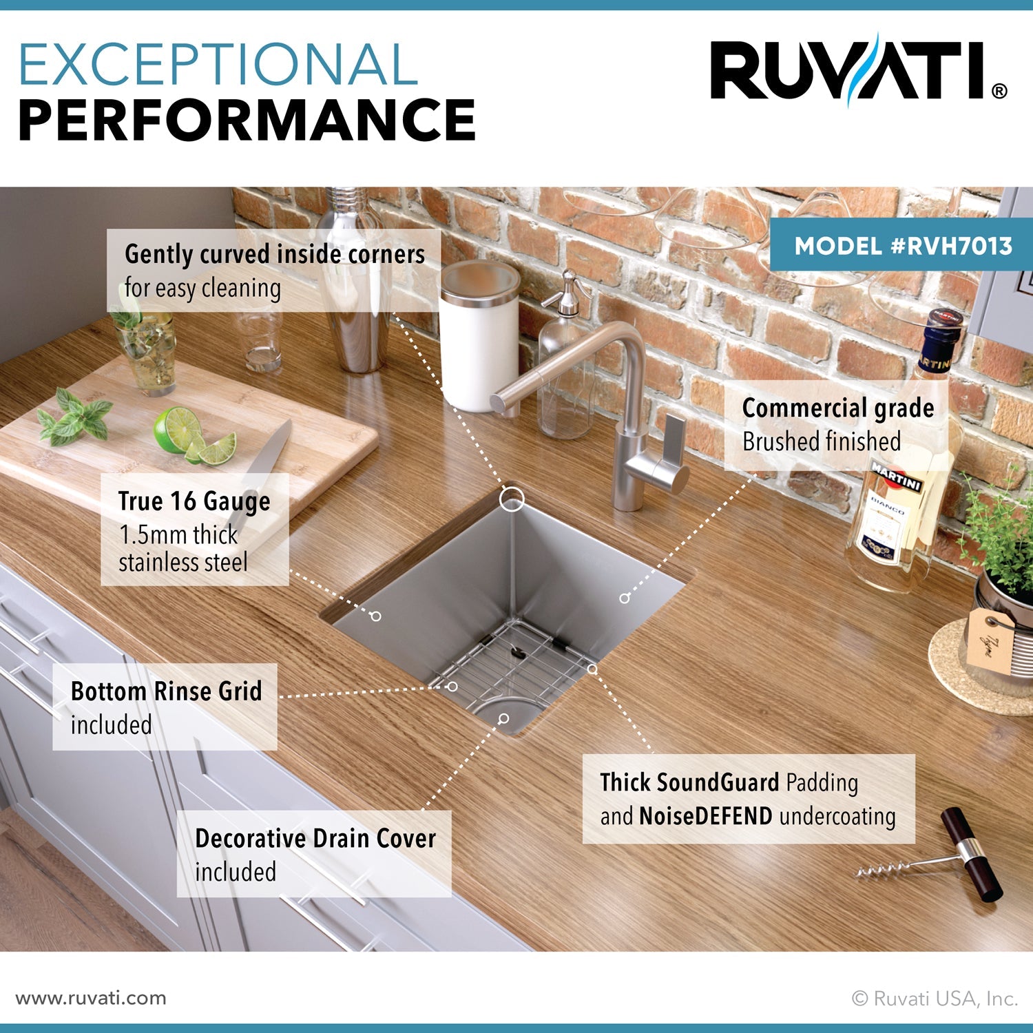 Ruvati RVH7013 13 x 15" Undermount Bar Prep Tight Radius 16 Gauge Stainless Steel Single Bowl Kitchen Sink