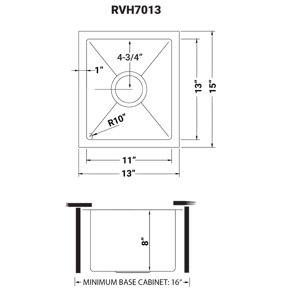 Ruvati RVH7013 13 x 15" Undermount Bar Prep Tight Radius 16 Gauge Stainless Steel Single Bowl Kitchen Sink