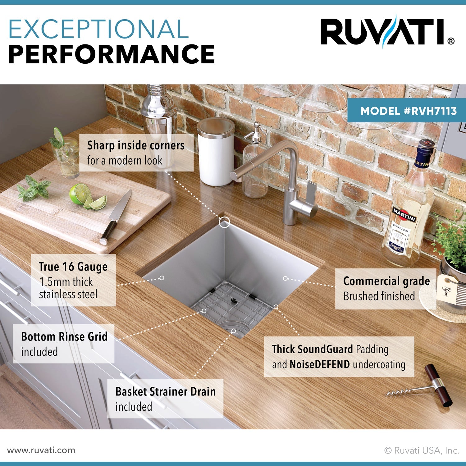 Ruvati RVH7113 13 x 15" Undermount 16 Gauge Zero Radius Stainless Steel Single Bowl Bar Prep Kitchen Sink