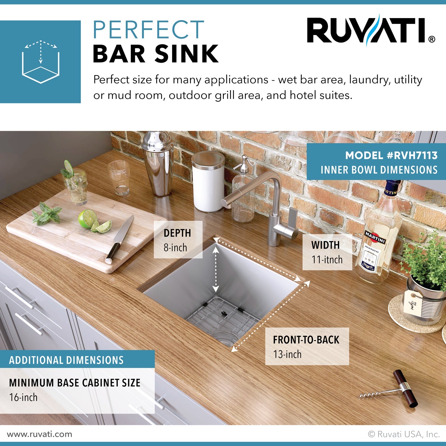 Ruvati RVH7113 13 x 15" Undermount 16 Gauge Zero Radius Stainless Steel Single Bowl Bar Prep Kitchen Sink