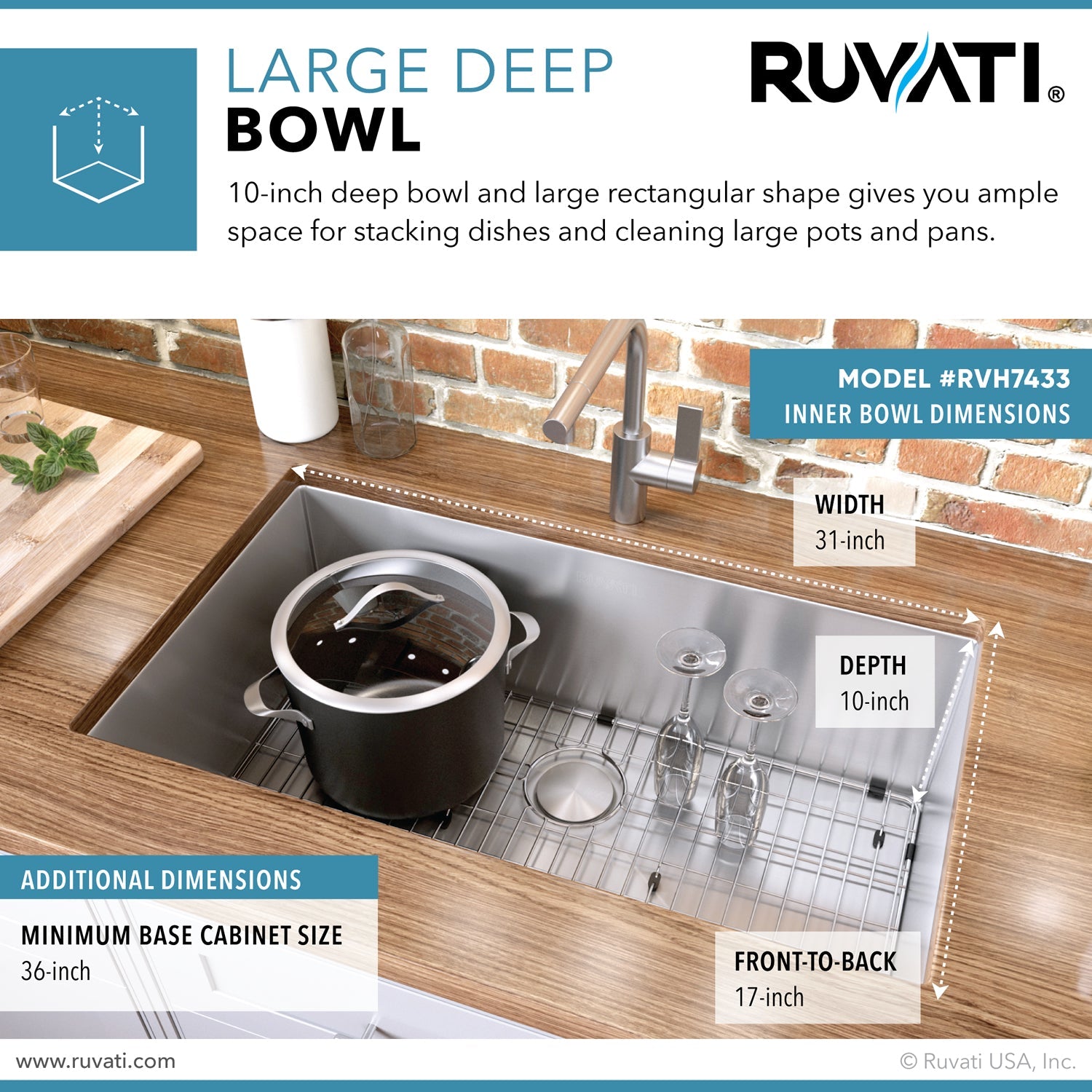 Ruvati RVH7433 33" Undermount 16 Gauge Tight Radius Large Stainless Steel Single Bowl Kitchen Sink