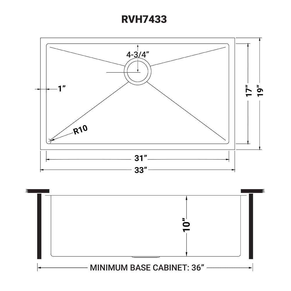 Ruvati RVH7433 33" Undermount 16 Gauge Tight Radius Large Stainless Steel Single Bowl Kitchen Sink