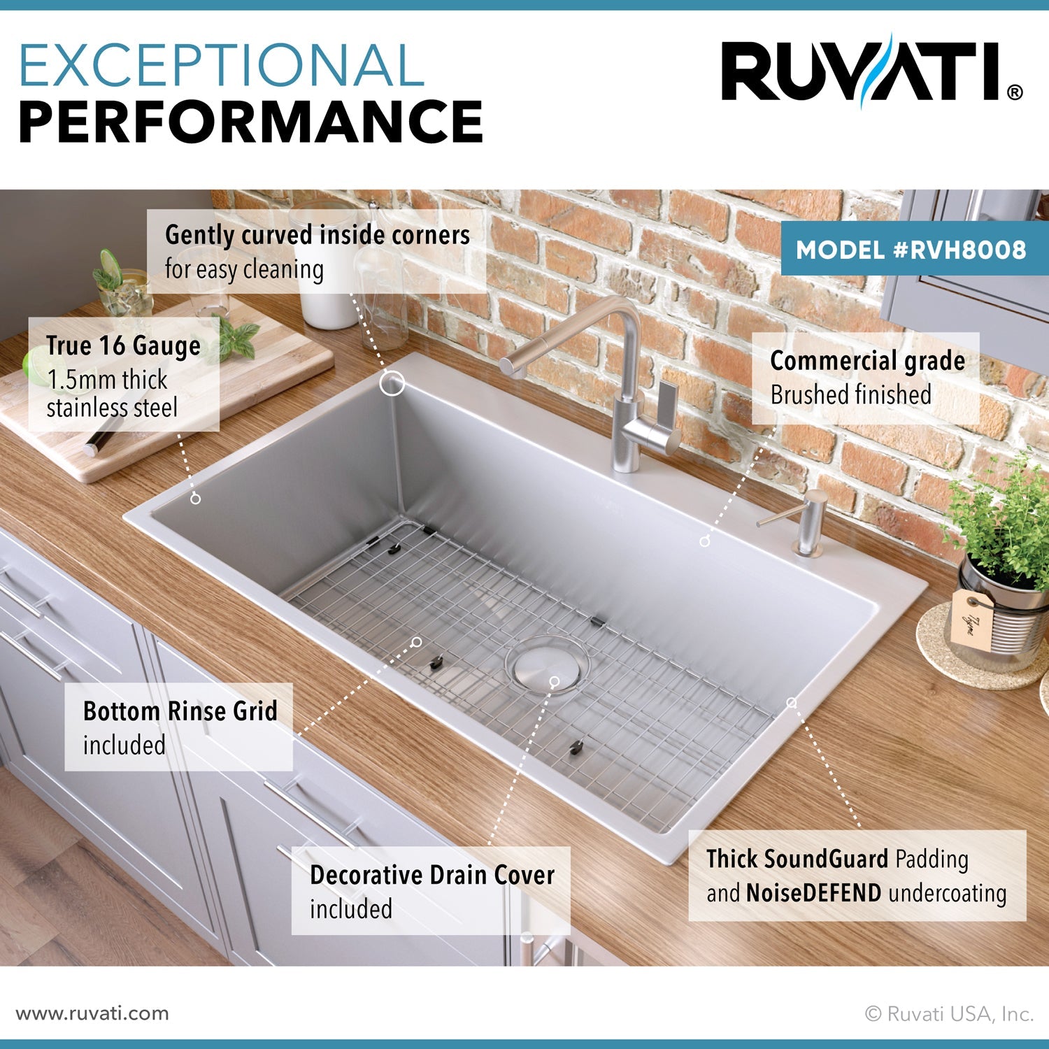 Ruvati RVH8008 28" Drop-in Tight Radius Topmount 16 Gauge Stainless Steel Single Bowl Kitchen Sink