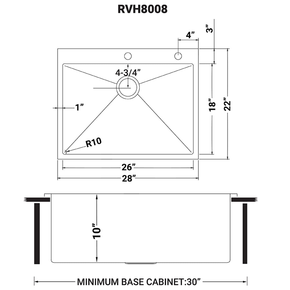 Ruvati RVH8008 28" Drop-in Tight Radius Topmount 16 Gauge Stainless Steel Single Bowl Kitchen Sink