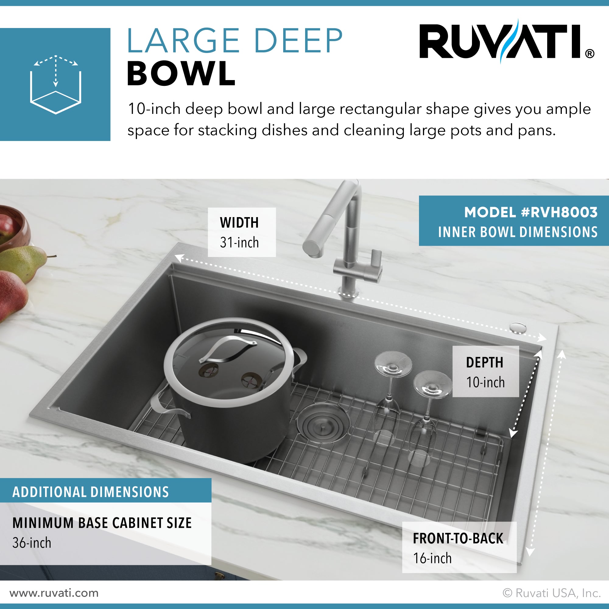Ruvati RVH8030 30 x 22" Workstation Drop-in Tight Radius Topmount 16 Gauge Ledge Stainless Steel Single Bowl Kitchen Sink