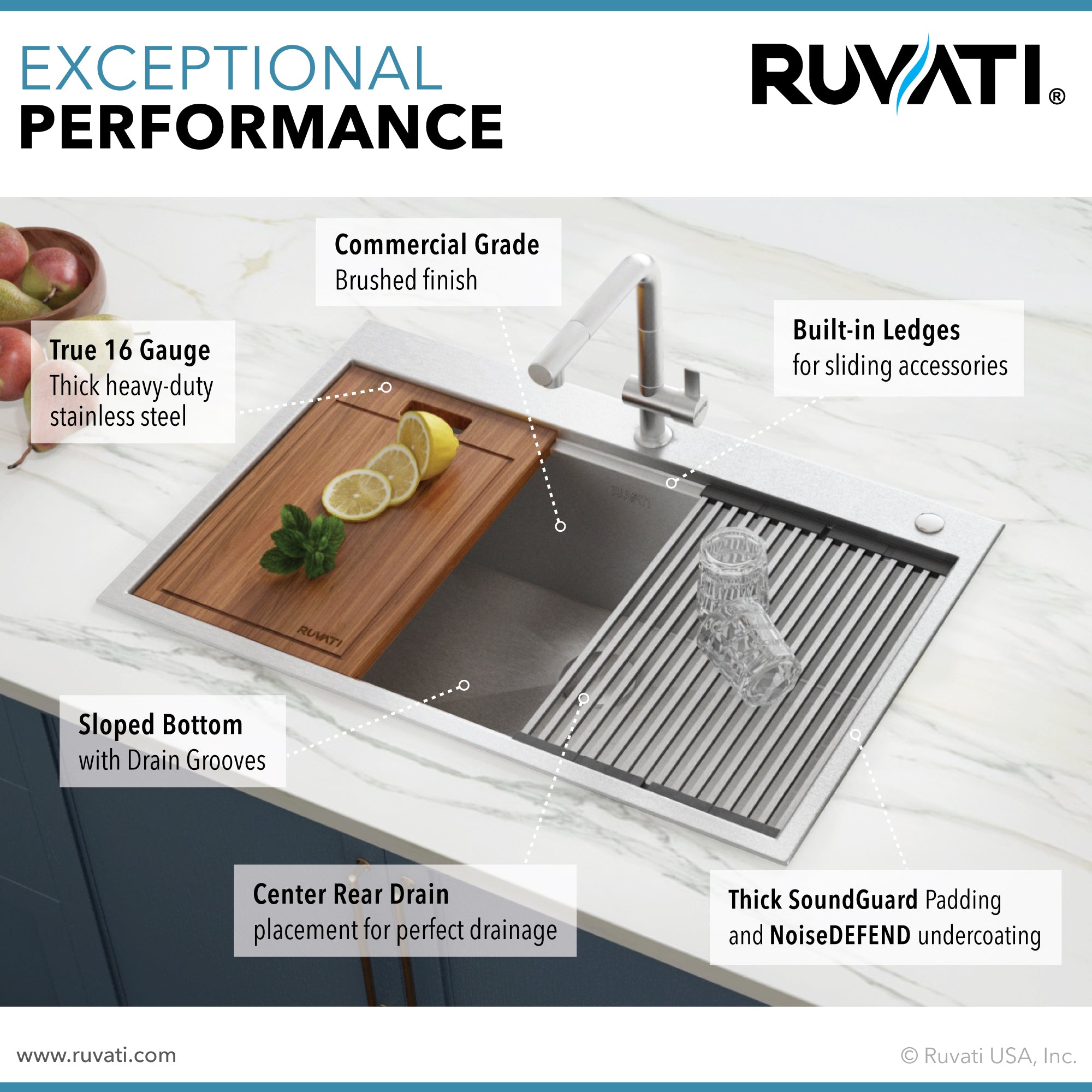 Ruvati RVH8030 30 x 22" Workstation Drop-in Tight Radius Topmount 16 Gauge Ledge Stainless Steel Single Bowl Kitchen Sink