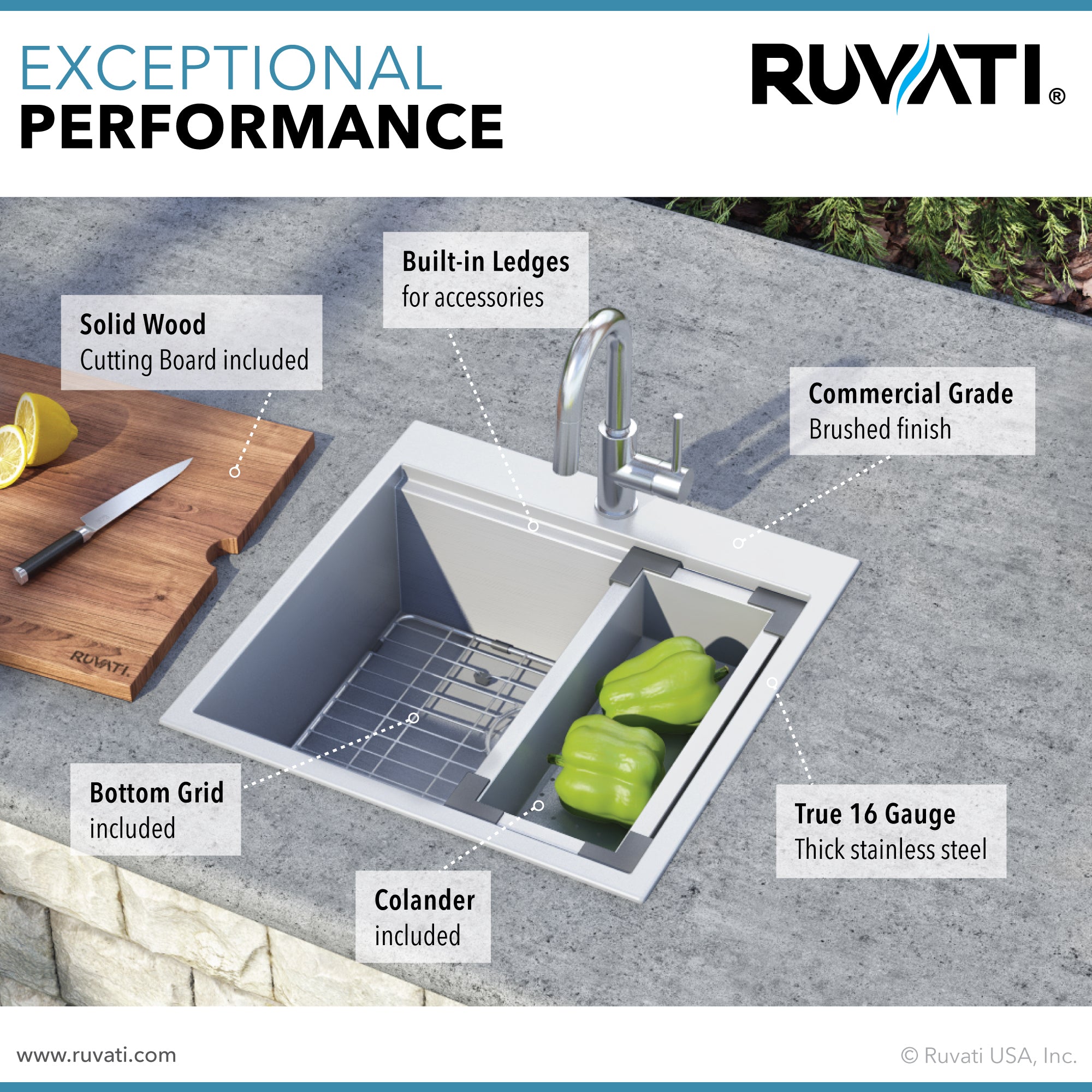 Ruvati RVH8221 21 x 20" RV Workstation Drop-in Topmount 16 Gauge Stainless Steel Bar Prep Kitchen Sink