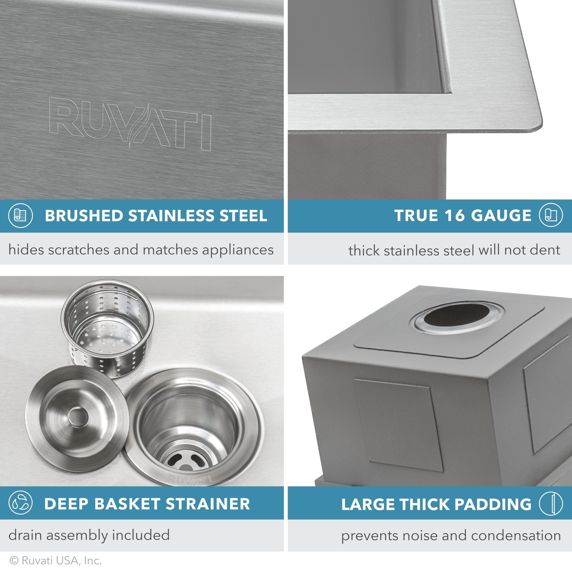 Ruvati RVH8221 21 x 20" RV Workstation Drop-in Topmount 16 Gauge Stainless Steel Bar Prep Kitchen Sink