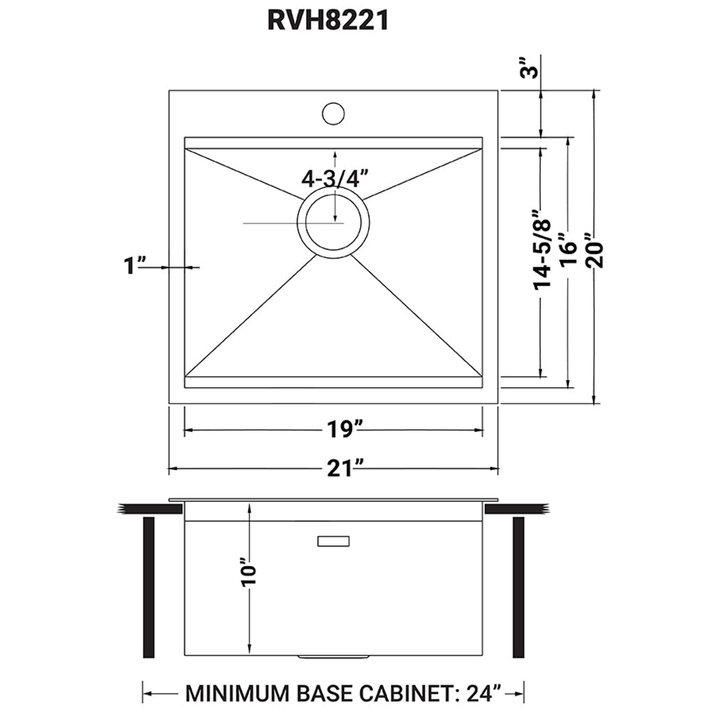 Ruvati RVH8221 21 x 20" RV Workstation Drop-in Topmount 16 Gauge Stainless Steel Bar Prep Kitchen Sink