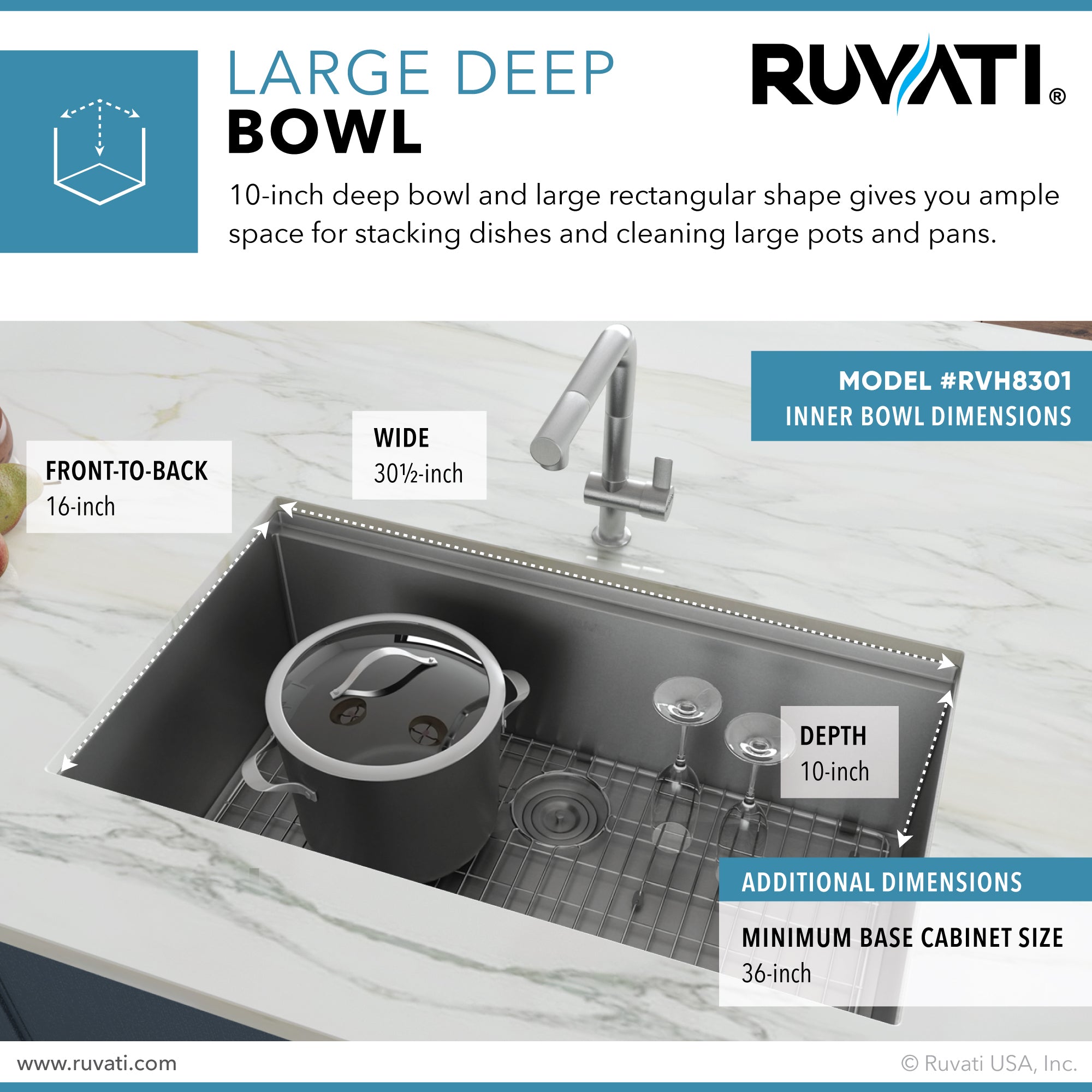 Ruvati RVH8301 32" Workstation Ledge Tight Radius Undermount 16 Gauge Single Bowl Kitchen Sink