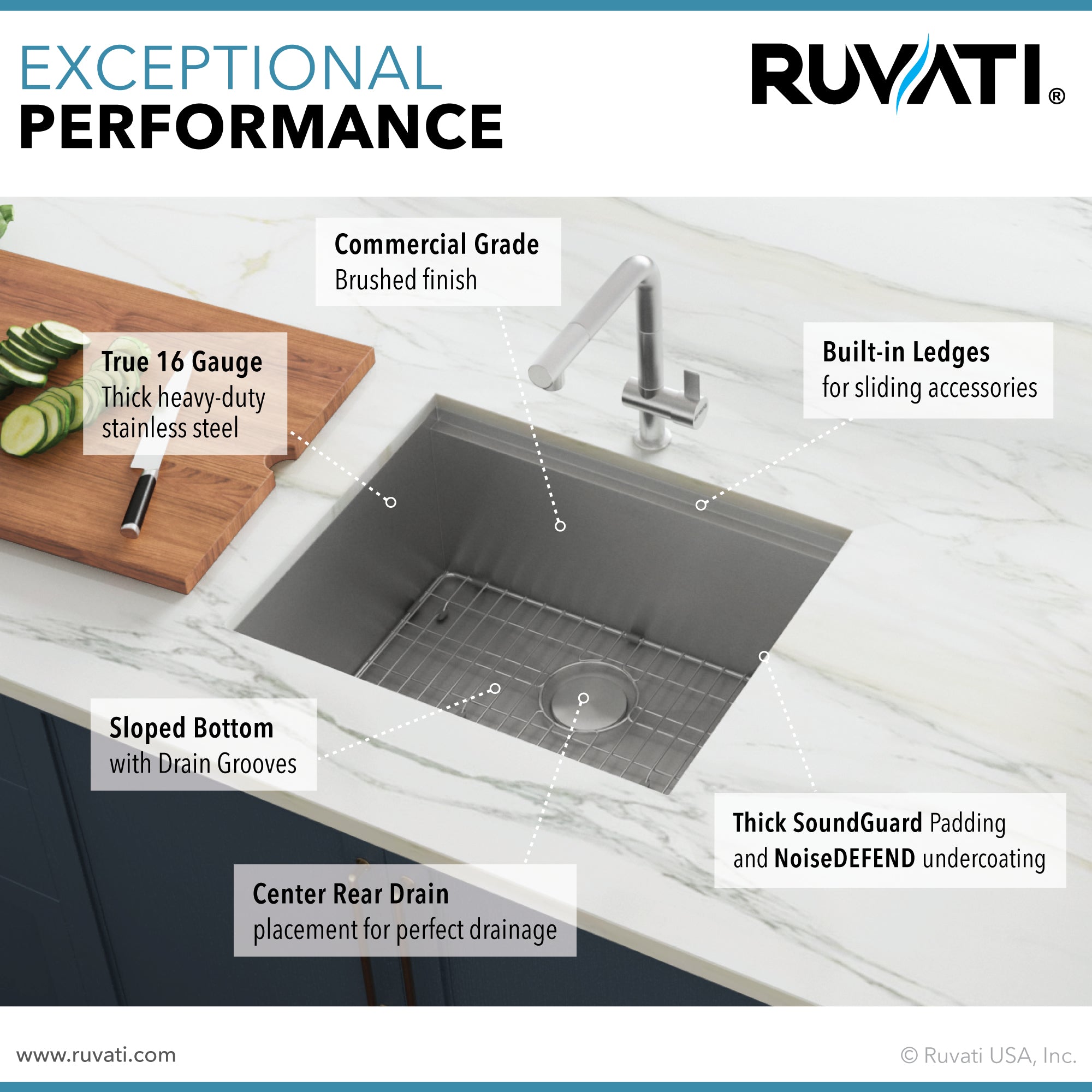 Ruvati RVH8307 21" Workstation Undermount 16 Gauge Ledge Stainless Steel Single Bowl Bar Prep Sink