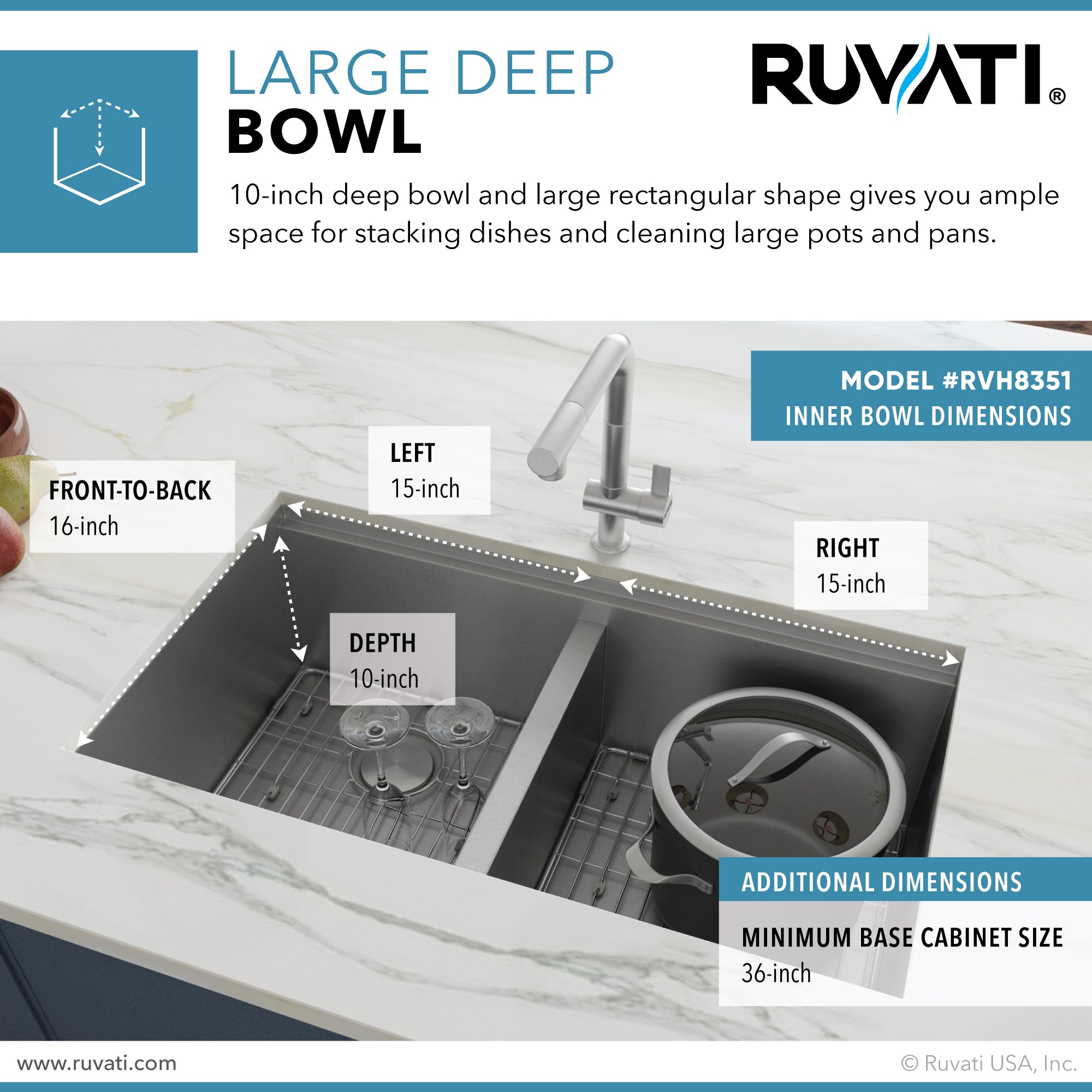 Ruvati RVH8351 33" Workstation Ledge Tight Radius 50/50 Double Bowl Undermount Kitchen Sink