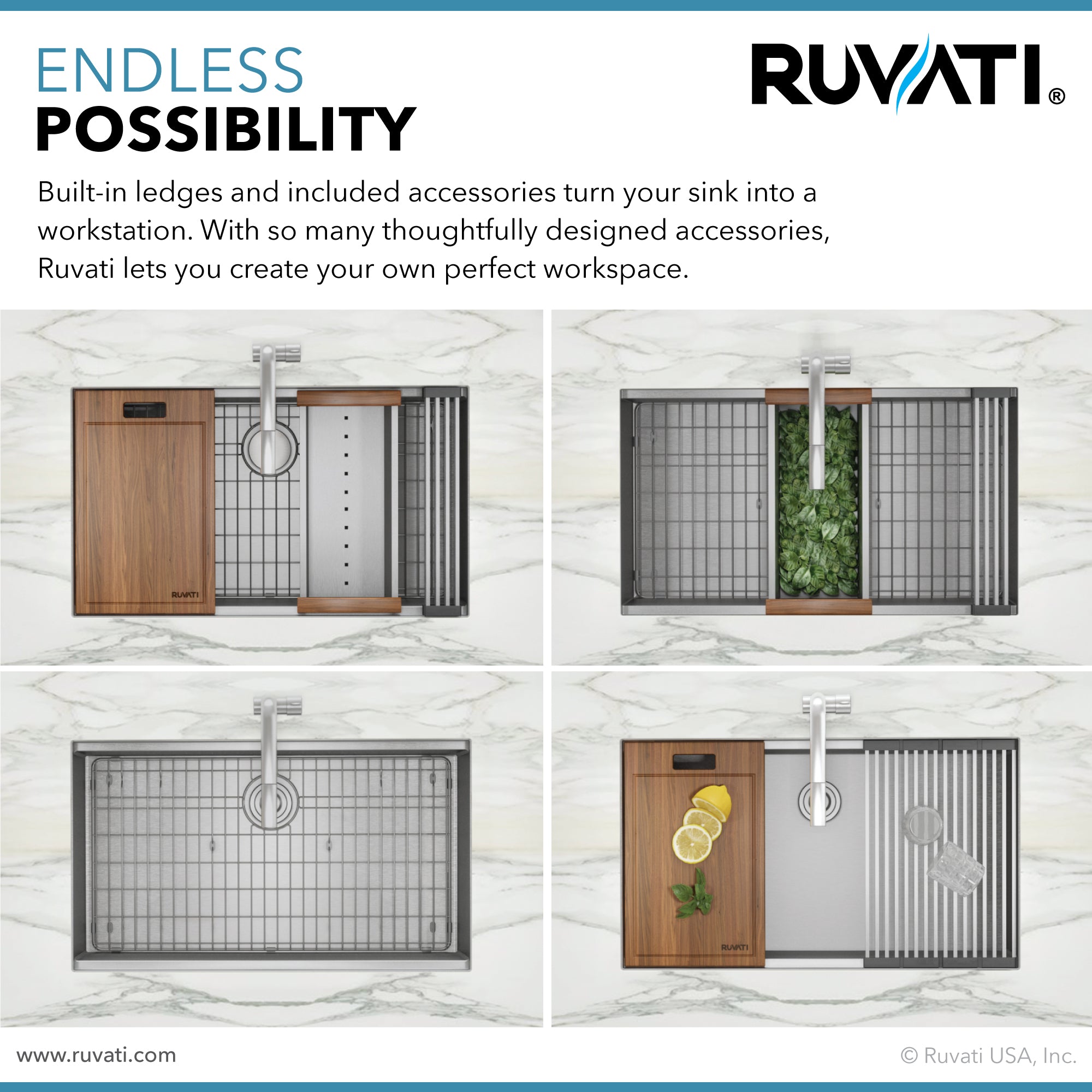Ruvati RVH8351 33" Workstation Ledge Tight Radius 50/50 Double Bowl Undermount Kitchen Sink