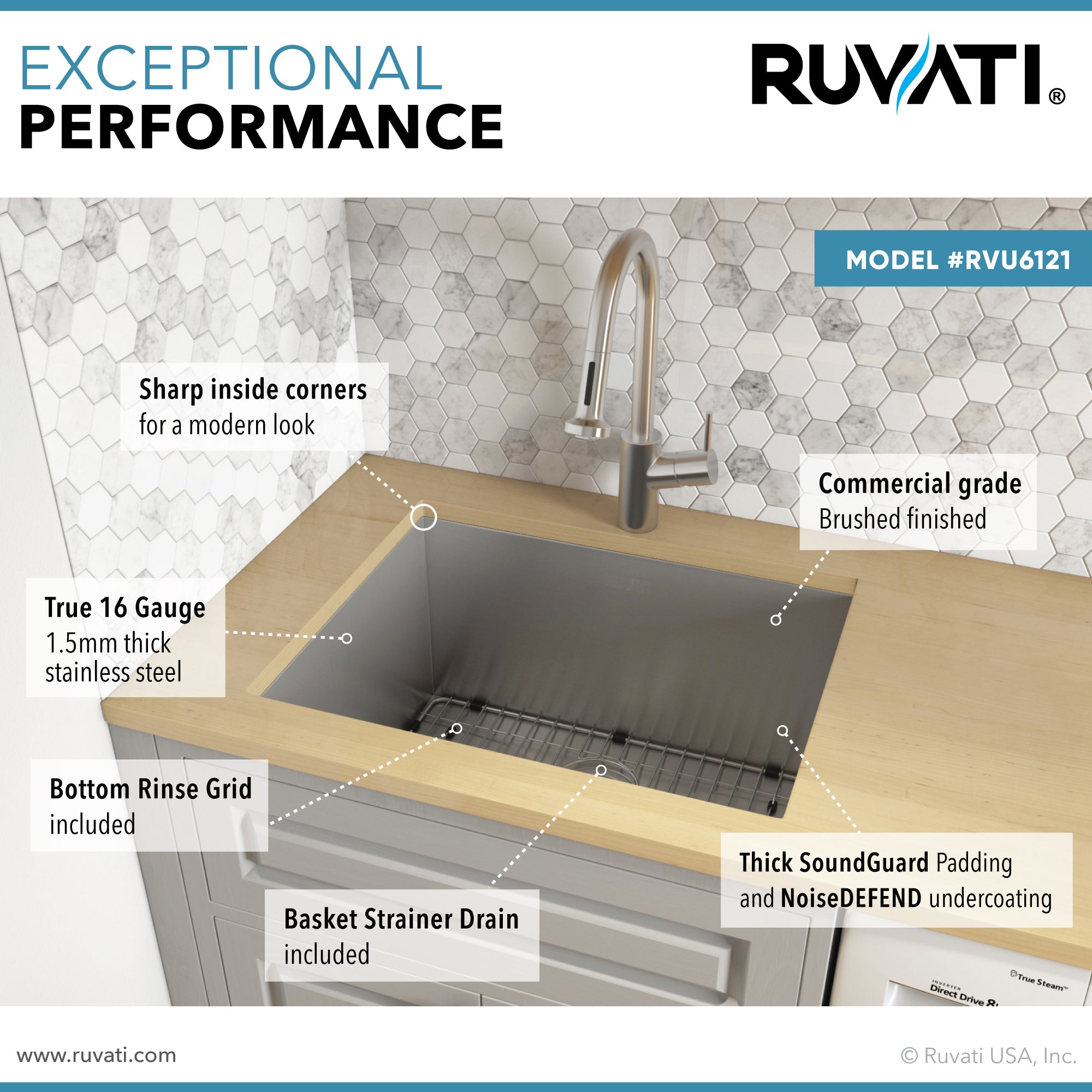 Ruvati RVU6121 21" x 18" x 12" Deep Undermount 16 Gauge Stainless Steel Laundry Utility Sink