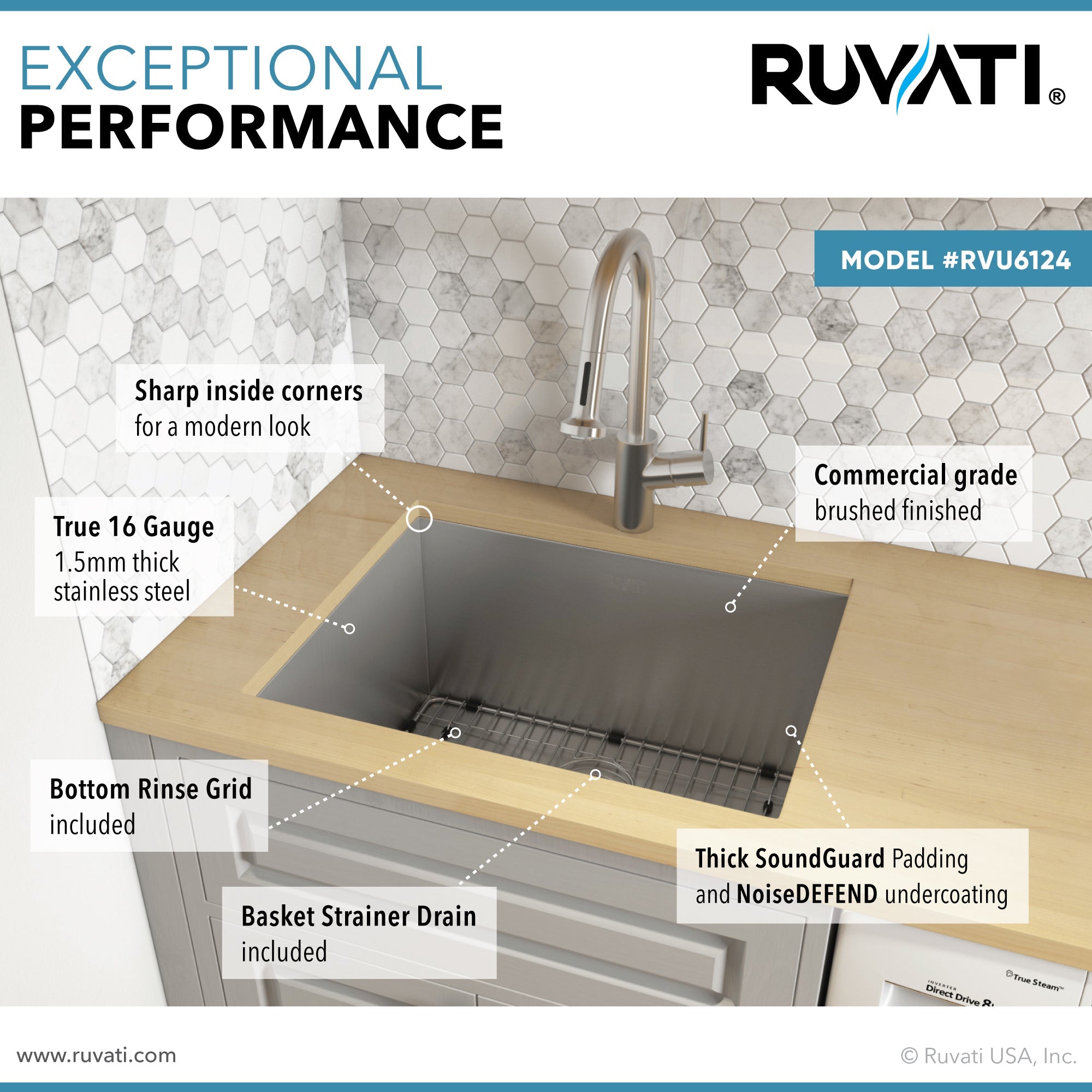 Ruvati RVU6124 24" x 18" x 13" Deep Undermount 16 Gauge Stainless Steel Laundry Utility Sink