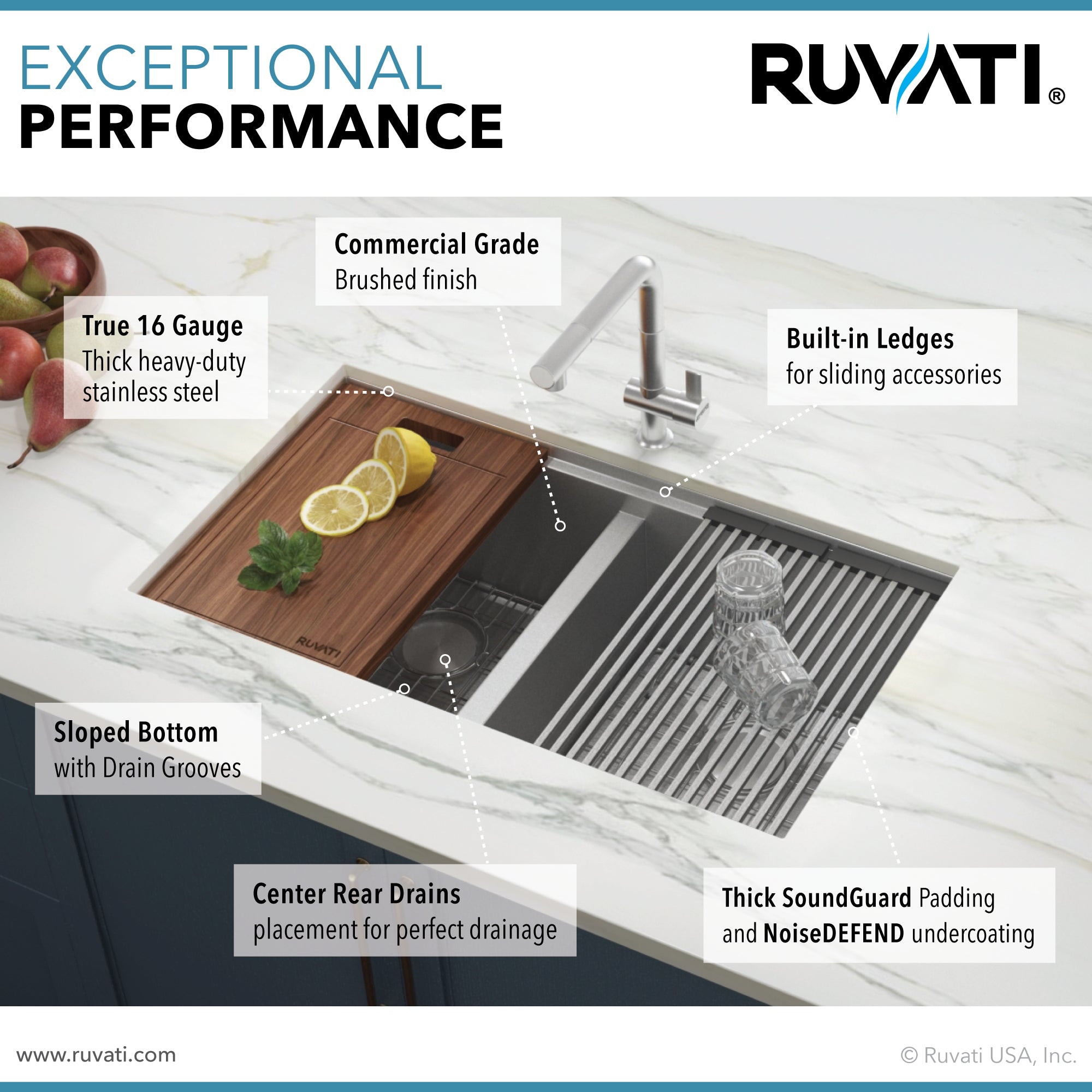 Ruvati Workstation Ledge 50/50 Double Bowl Undermount 16 Gauge Stainless Steel Kitchen Sink